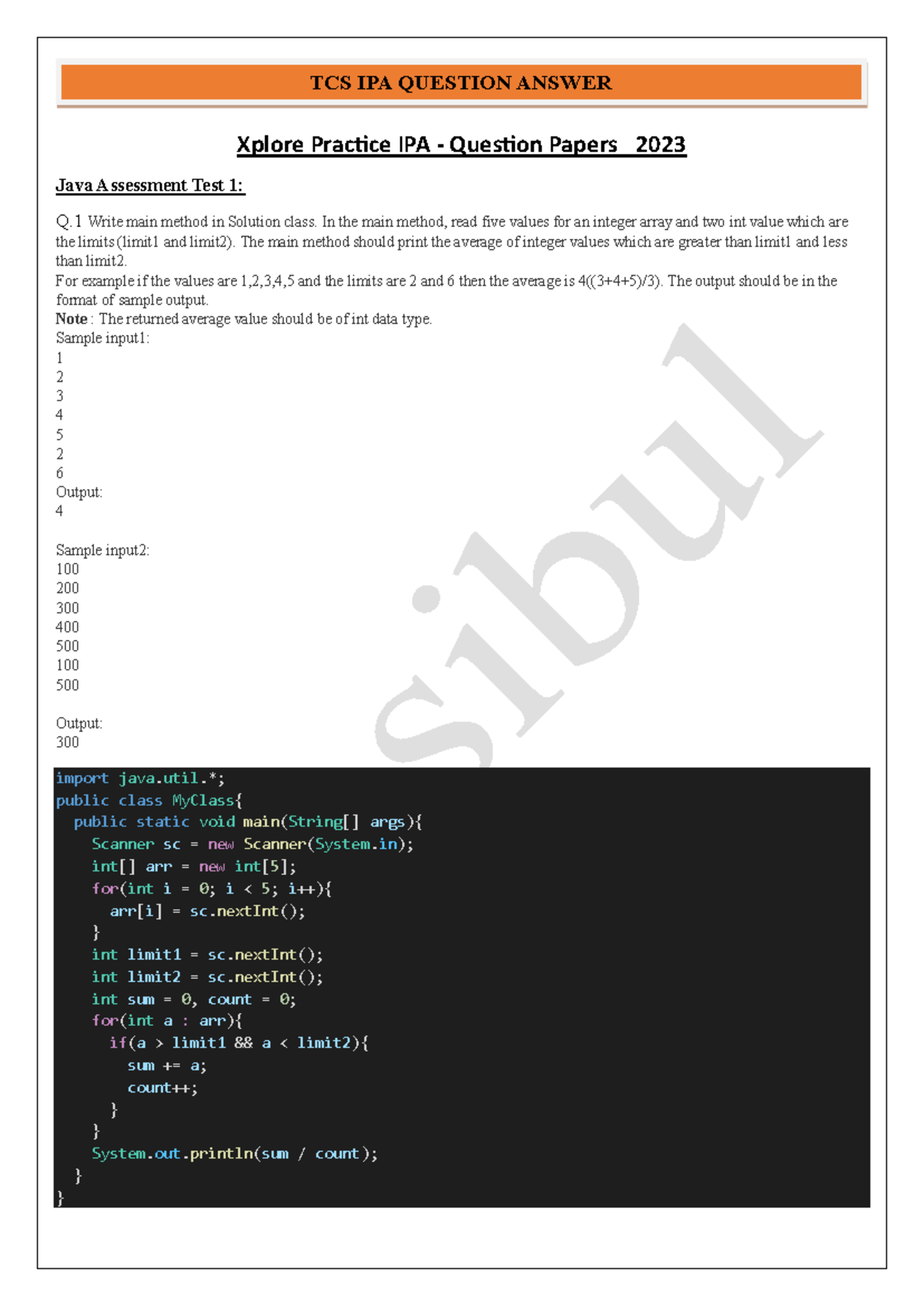 TCS IPA 2023 Java Assessment Test: Coding Problems and Solutions - Studocu