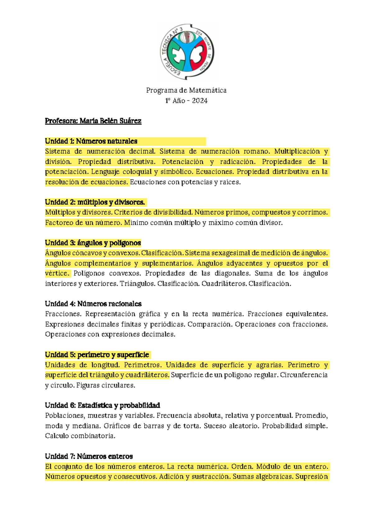 Programa de Matemática 1er Año 2024 - Contenidos y Unidades - Studocu