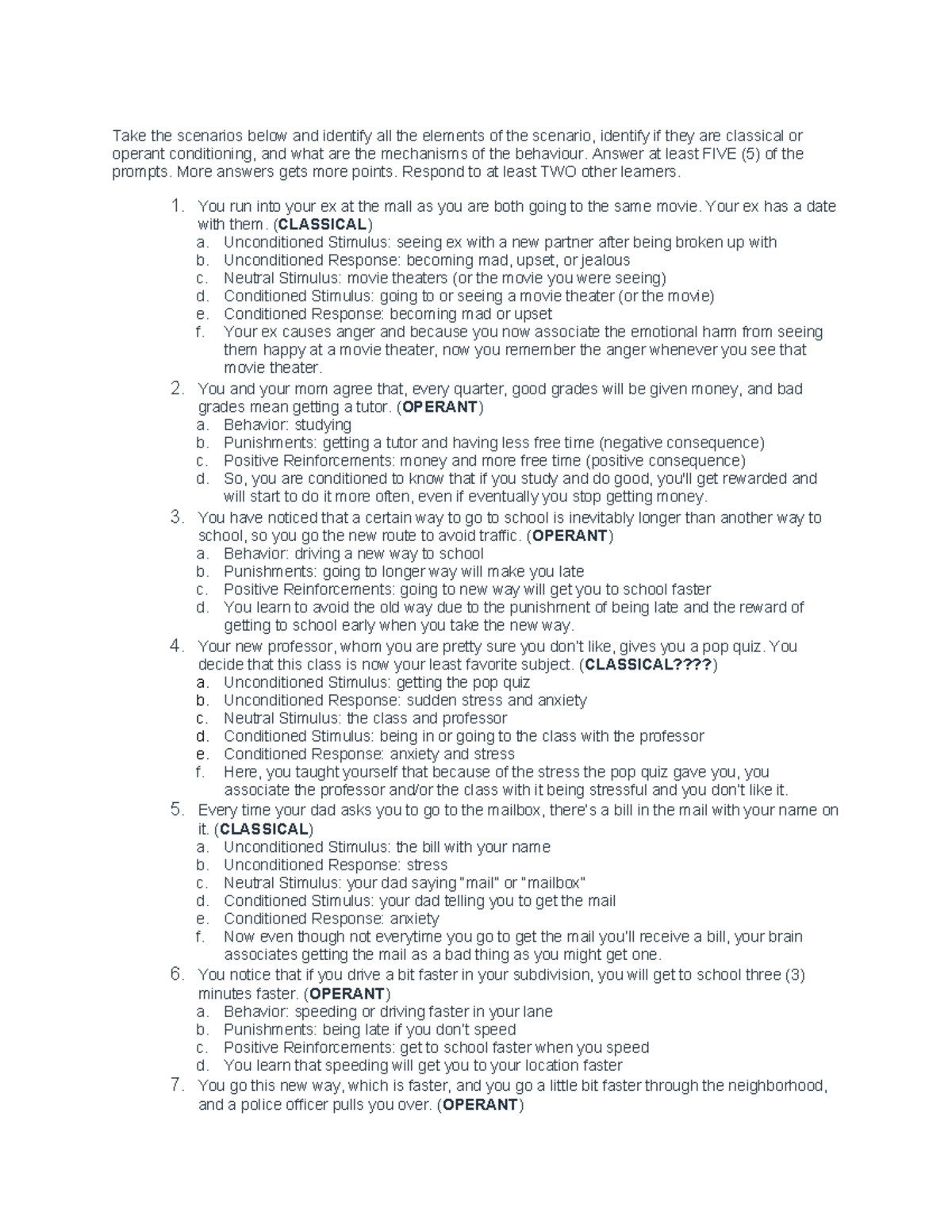 Classical and Operant Conditioning Scenarios Analysis (PSY 101) - Studocu
