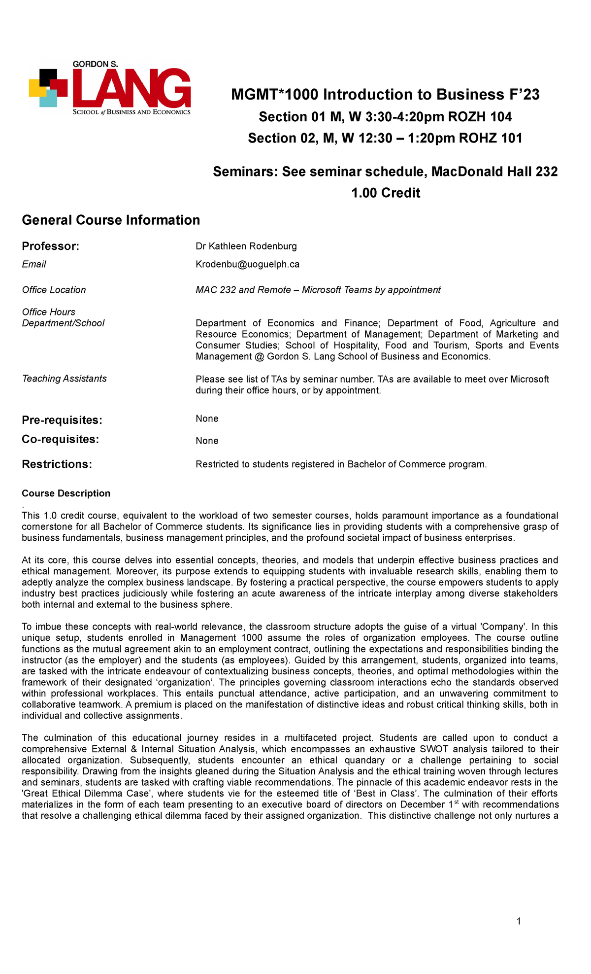 MGMT 1000 Fall 2023 Course Outline - Final Version - Studocu