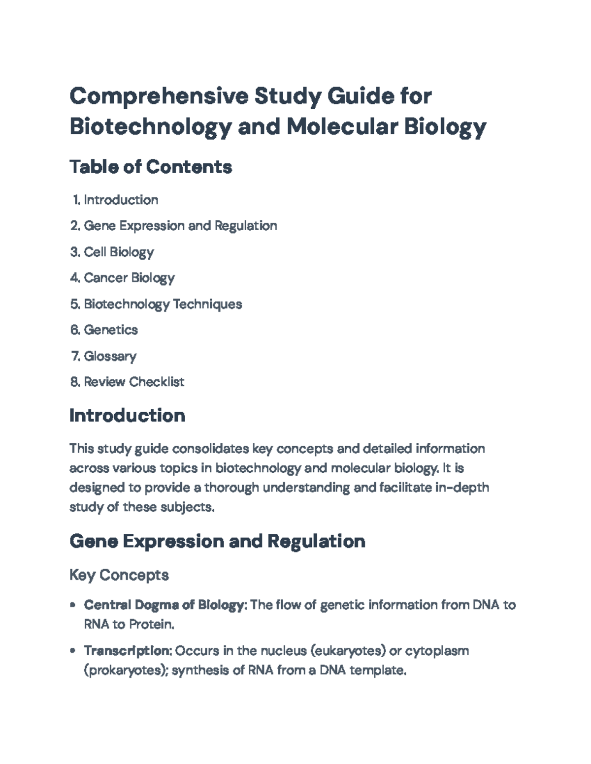 Biotechnology & Molecular Biology Study Guide: Key Concepts ...