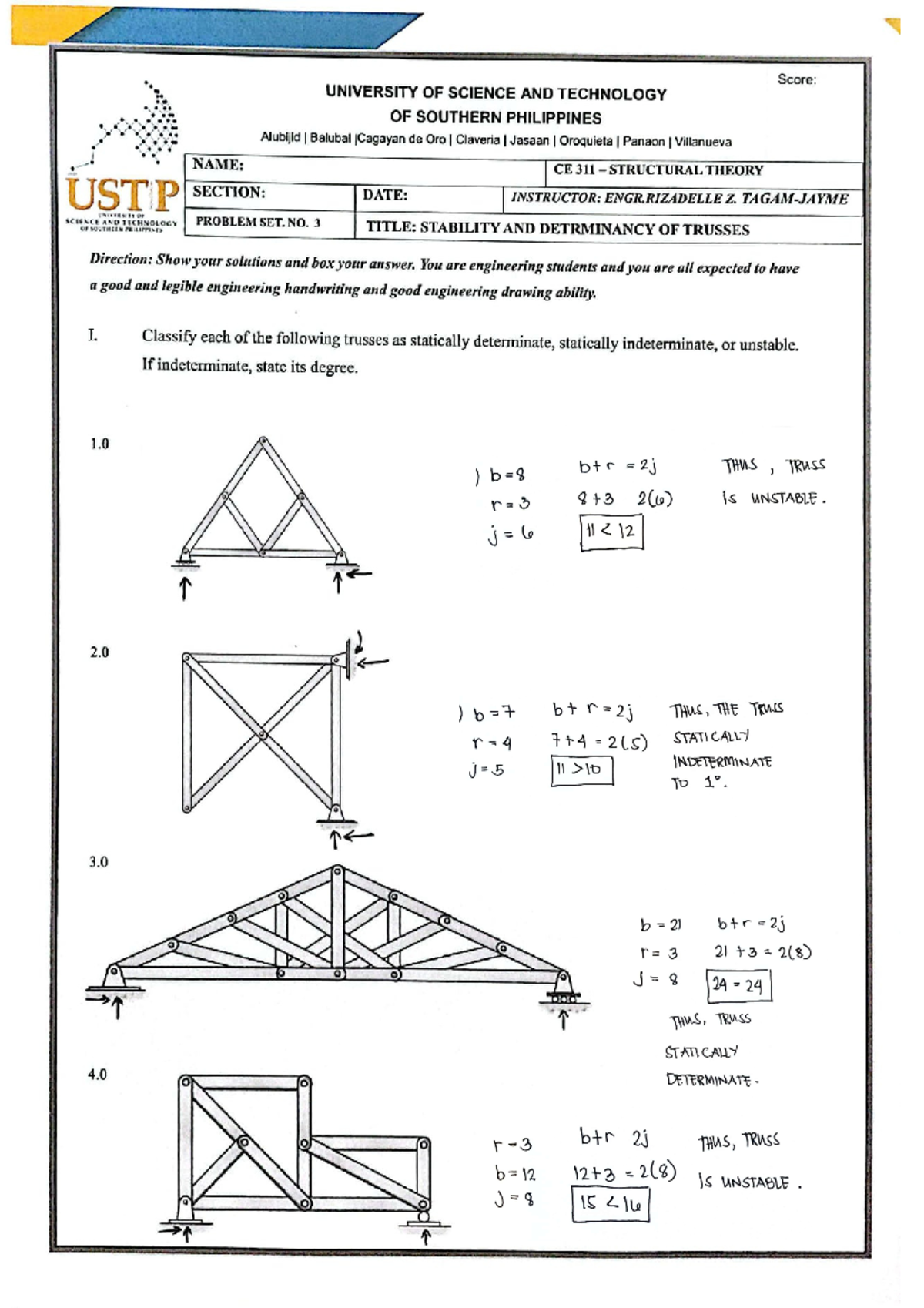 CE 311 Problem Set 3: Stability and Determinacy of Trusses - Studocu