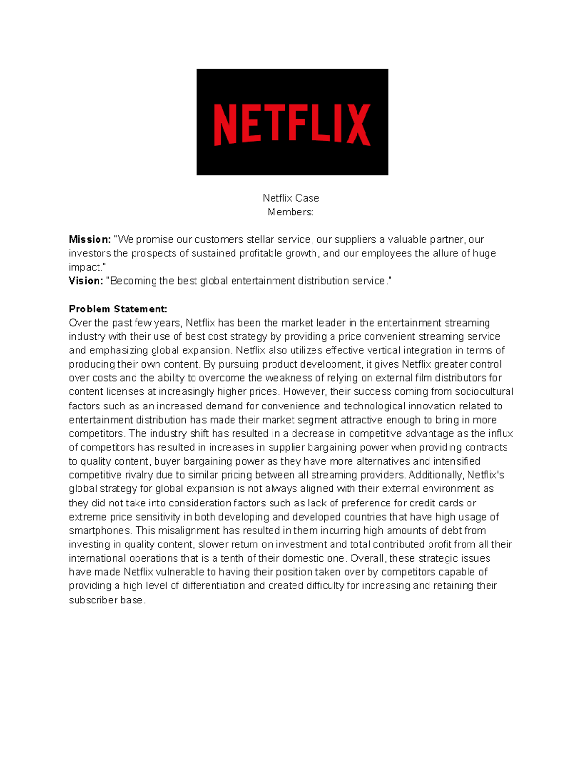Netflix Case Study: Final Report on Strategic Issues and ...