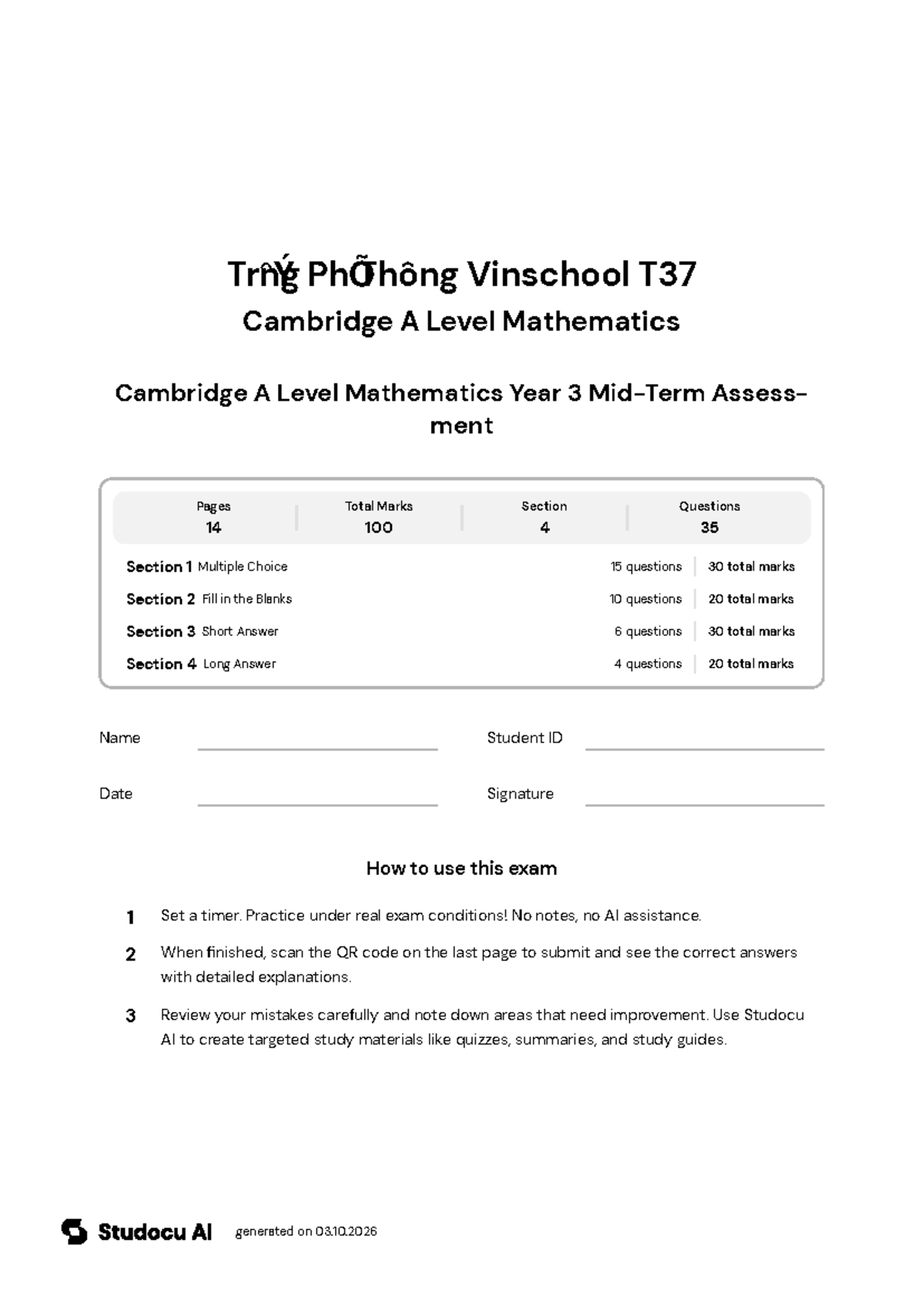 Cambridge A Level Mathematics Year 3 Mid-Term Assessment - Studocu
