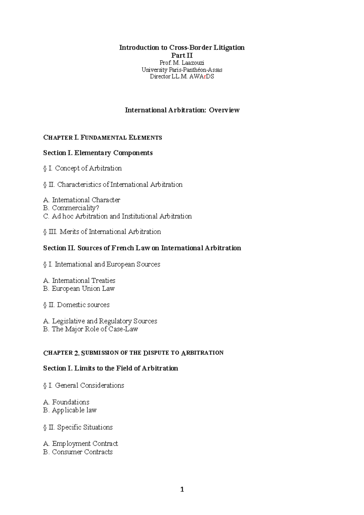 Plan Arbitration - Plan du cours (partie d'arbitrage) - Introduction to ...