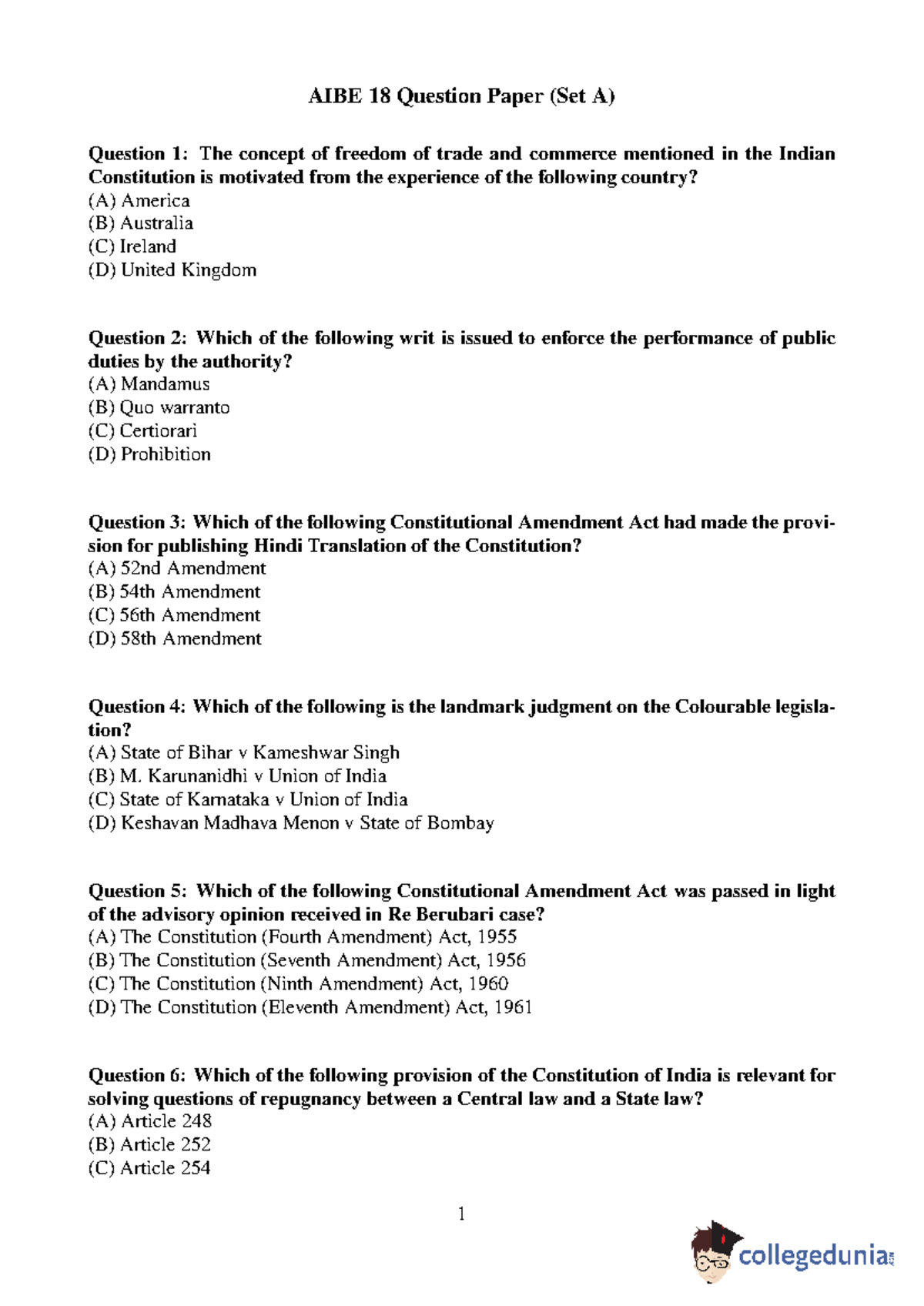 AIBE 18 Question Paper (Set A) with Answer Key - Studocu