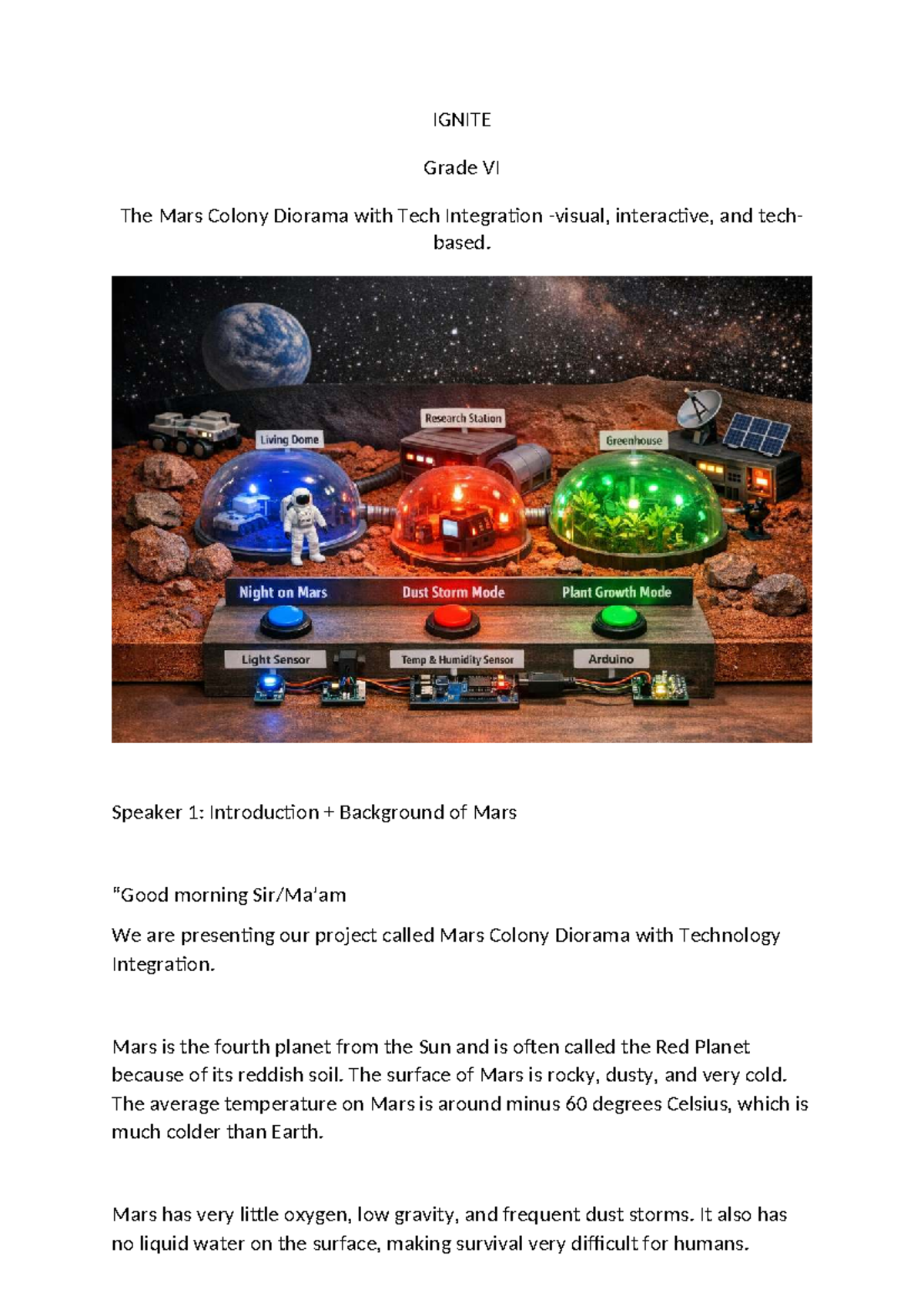 IGNITE Grade VI Mars Colony Diorama Project Presentation Script - Studocu