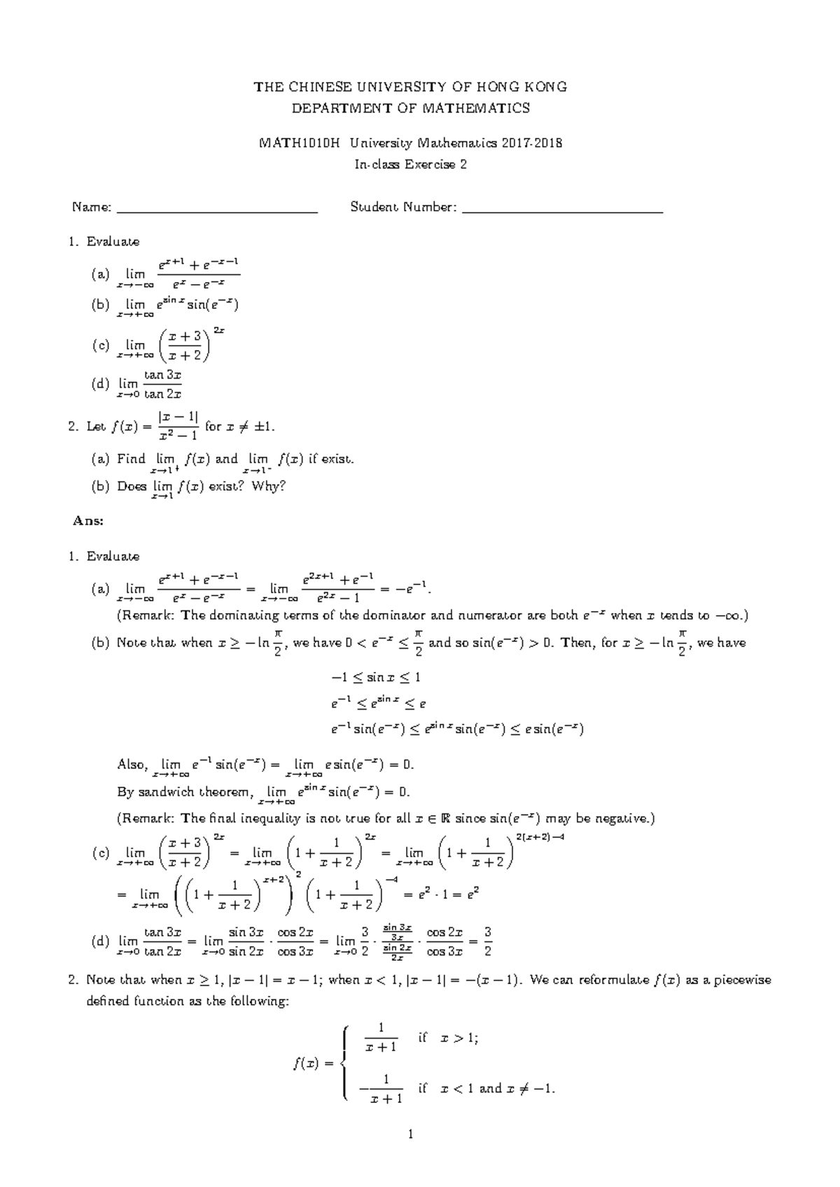 Math1010H In-Class Exercise 2 - University Mathematics Problems - Studocu