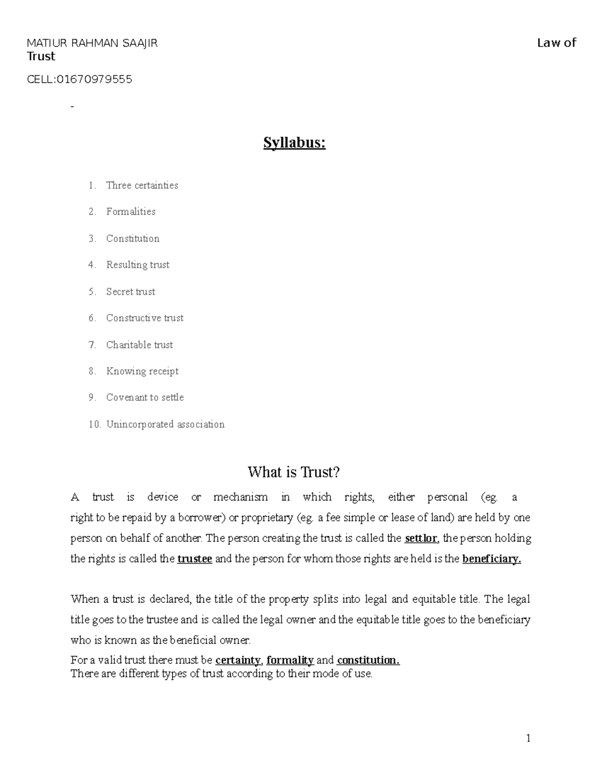 Three Certainties in Trust Law - MATIUR RAHMAN SAAJIR Notes - Studocu