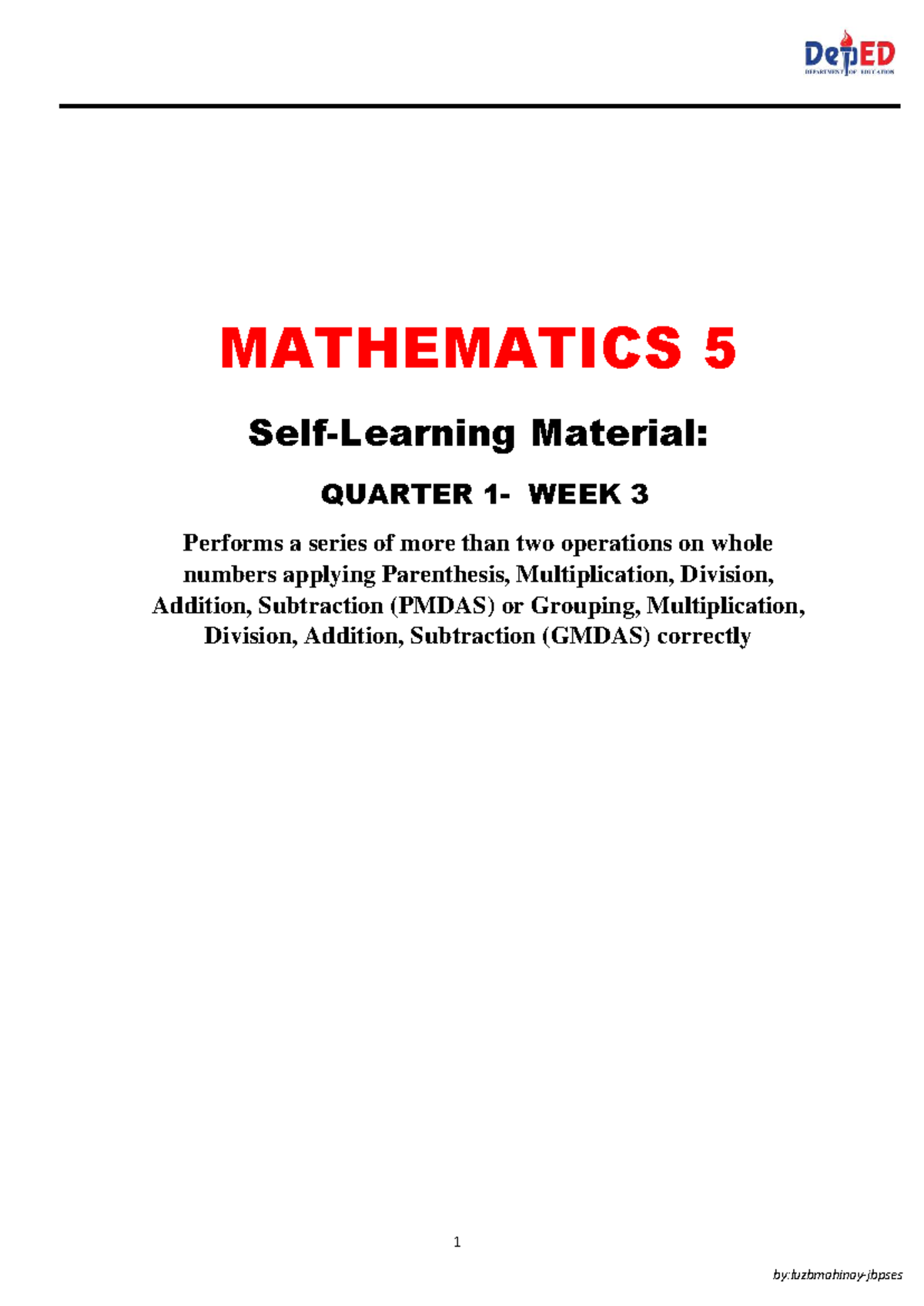 MATH 5 Q1 W3: Understanding PMDAS and GMDAS Rules for Operations - Studocu