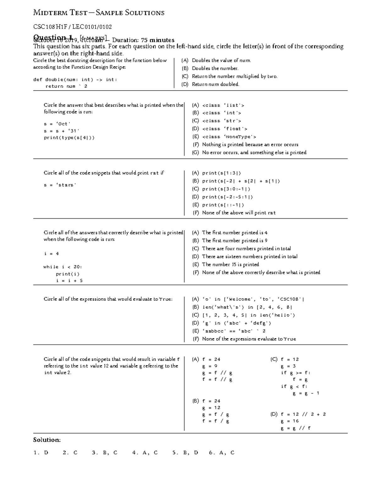 CSC108H1F Fall 2019 Midterm Solutions and Grading Guide - Studocu