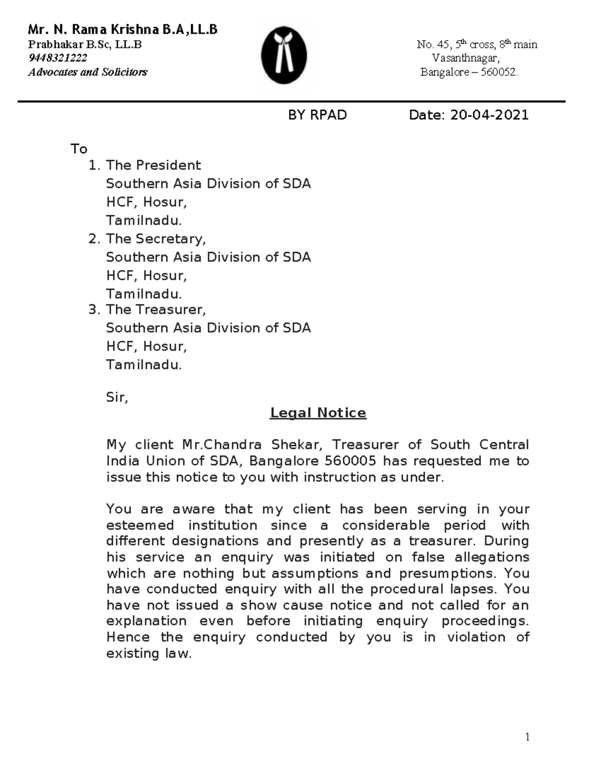 Chandra shekar - legal notice - BY RPAD Date: 20-04- To 1. The ...