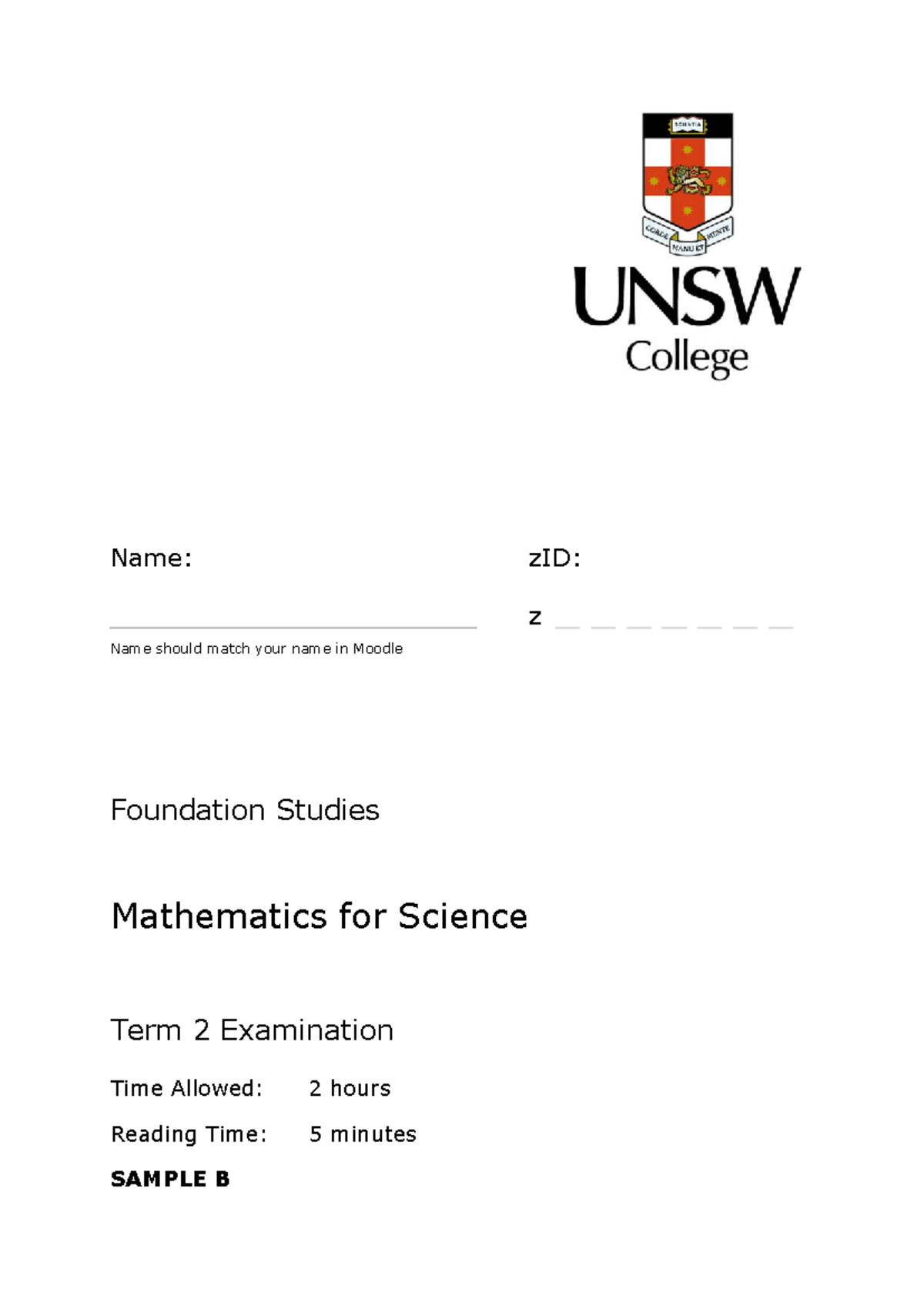 Foundation Studies Mathematics for Science Term 2 Exam Sample B - Studocu