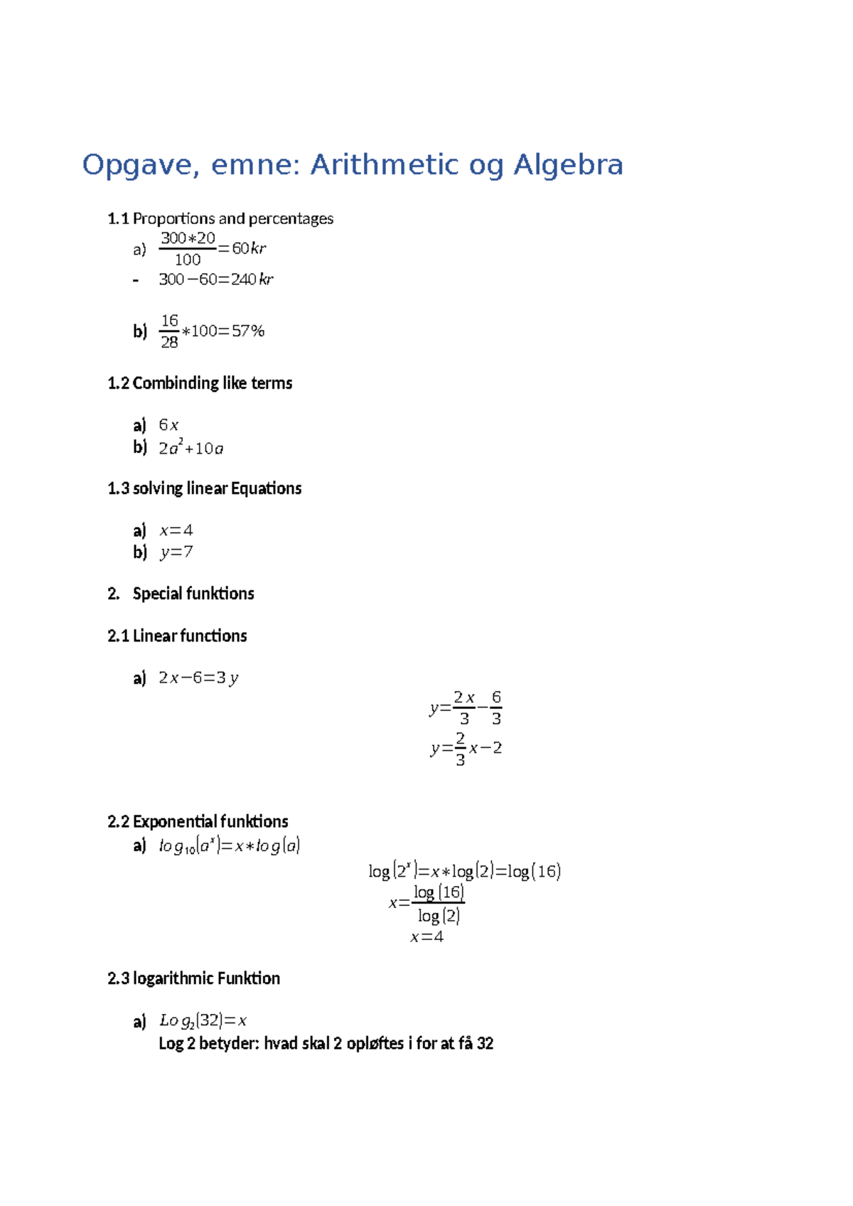 Mat Opgaver 1. Semester: Aritmetik, Algebra og Funktioner - Studocu