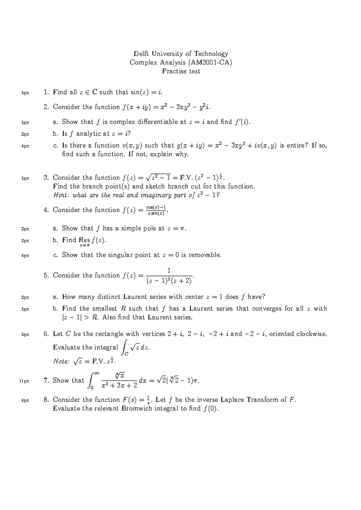 Practise Test Questions for Complex Analysis (AM3001-CA) 21/22 ...
