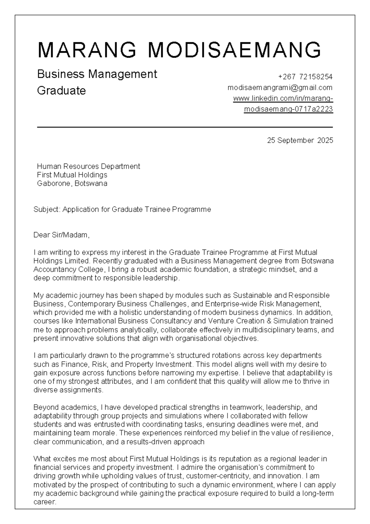 Graduate Trainee Programme Cover Letter - Business Management 72158254 ...