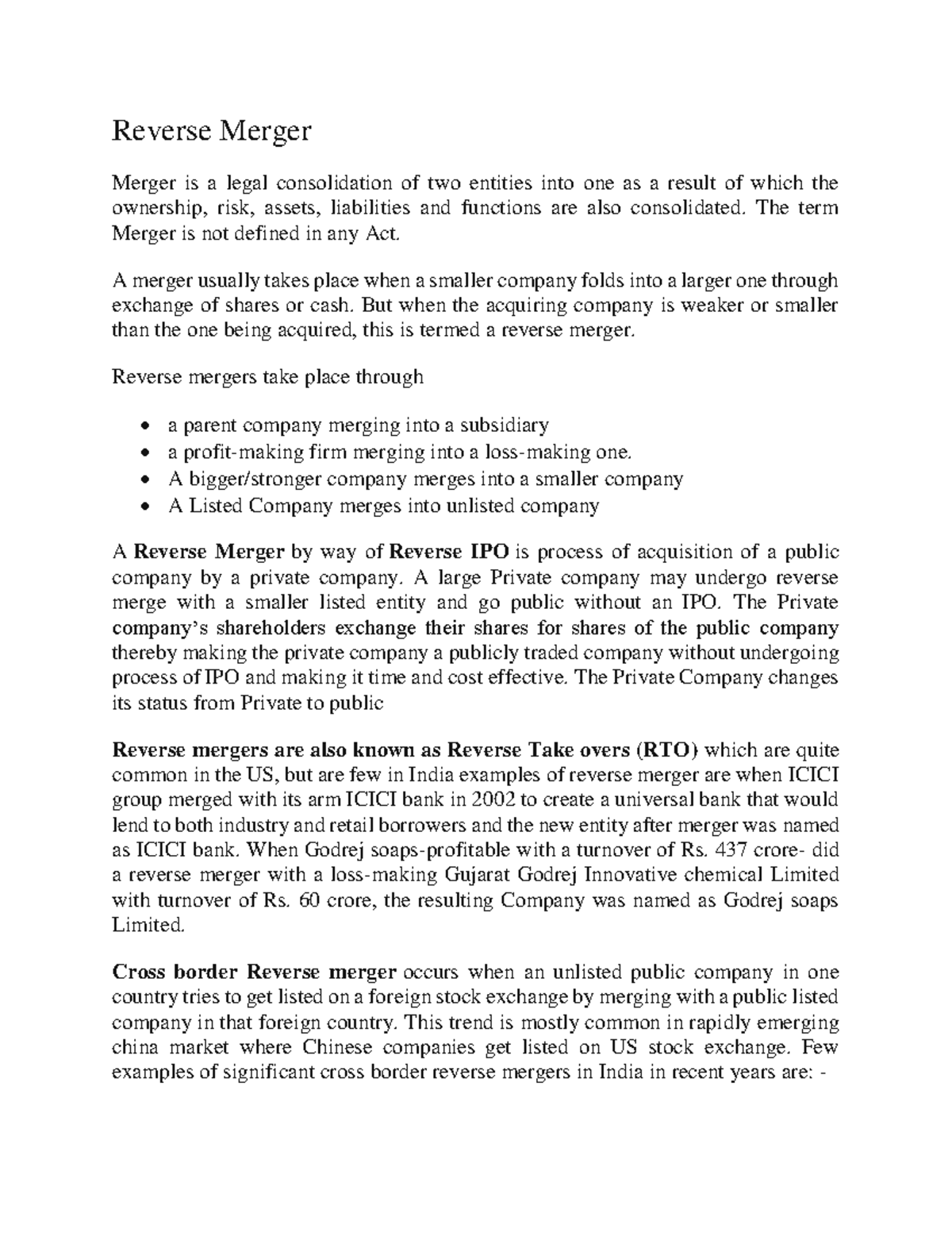 Reverse Merger - Lecture notes 2 - Reverse Merger Merger is a legal ...