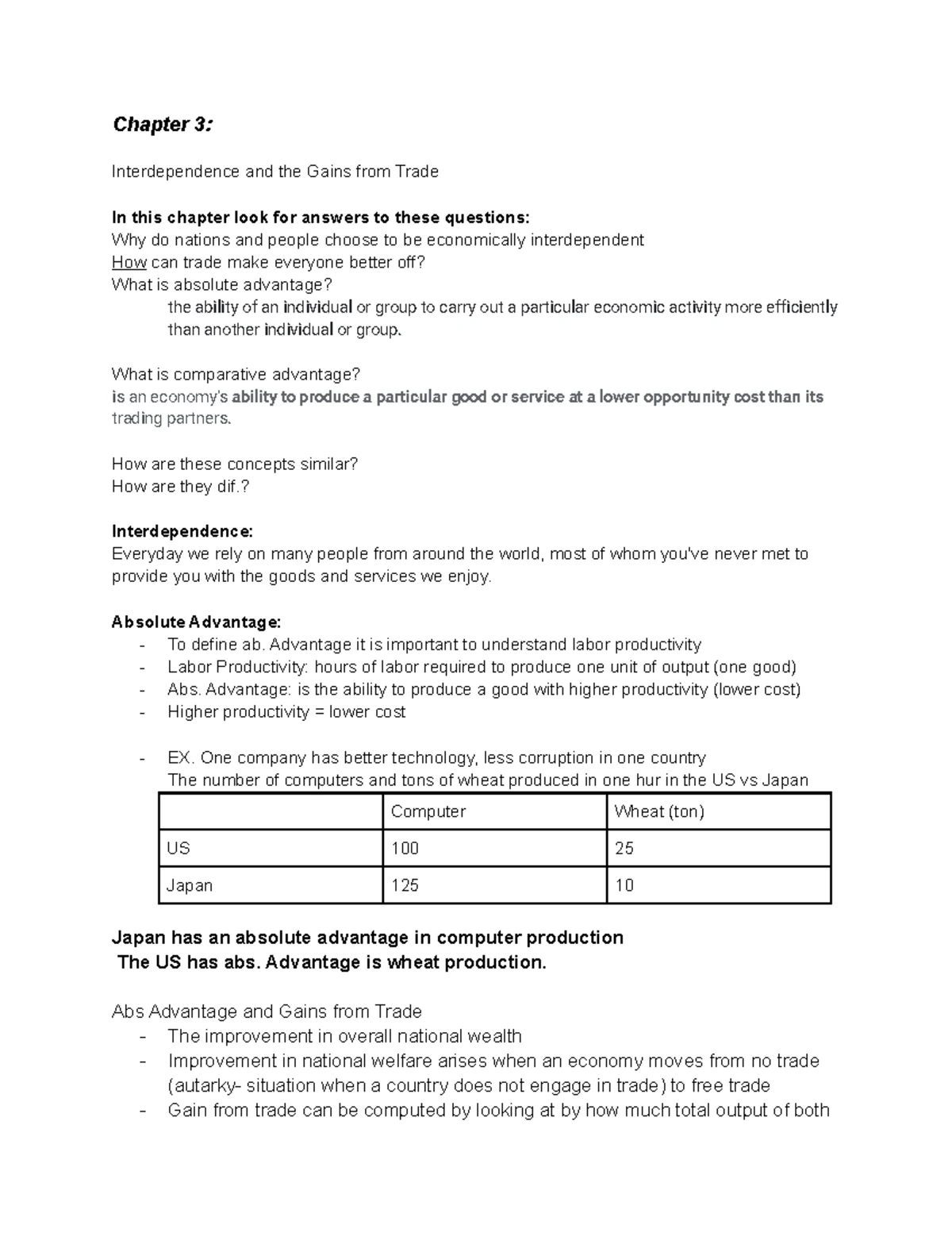CHAP 3 Notes ECON 101 - Chapter 3: Interdependence and the Gains from ...