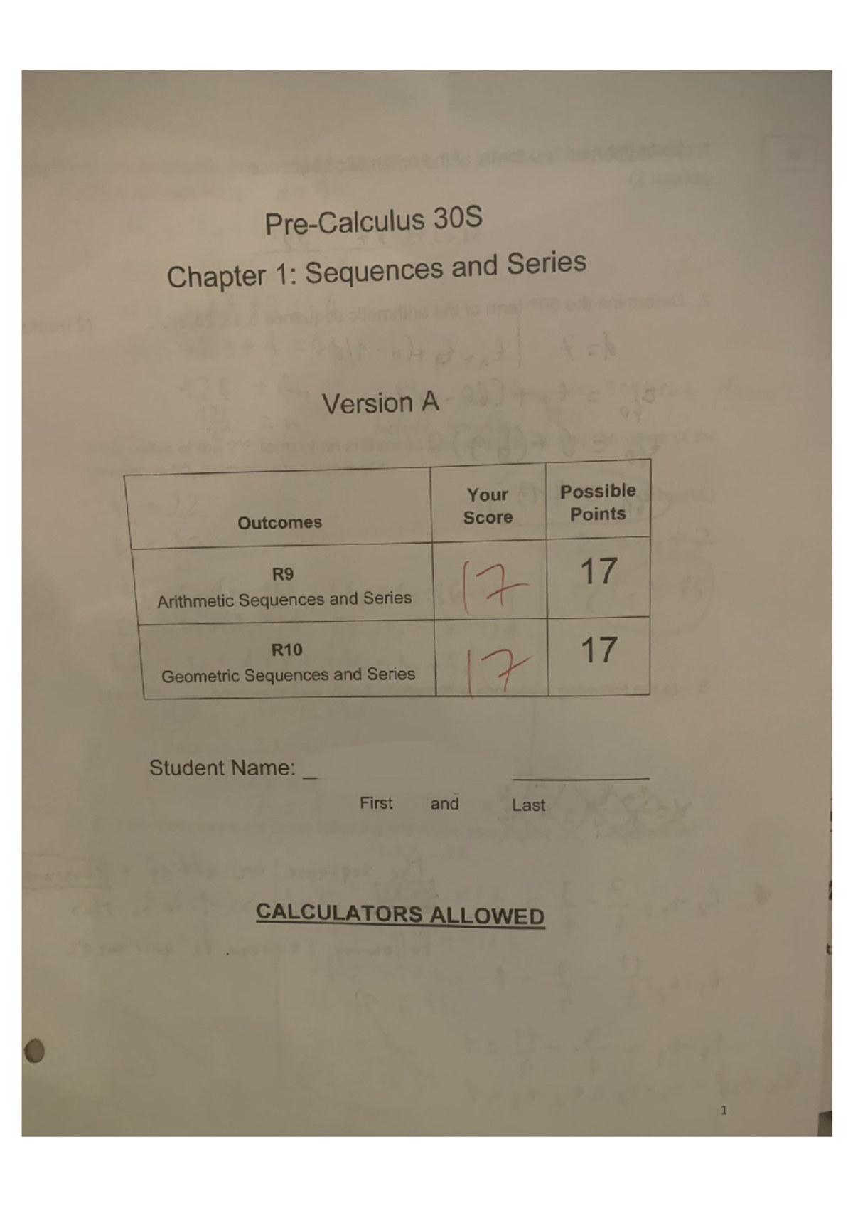 30S Chapter 1 Test Practice: Sequences and Series - Studocu