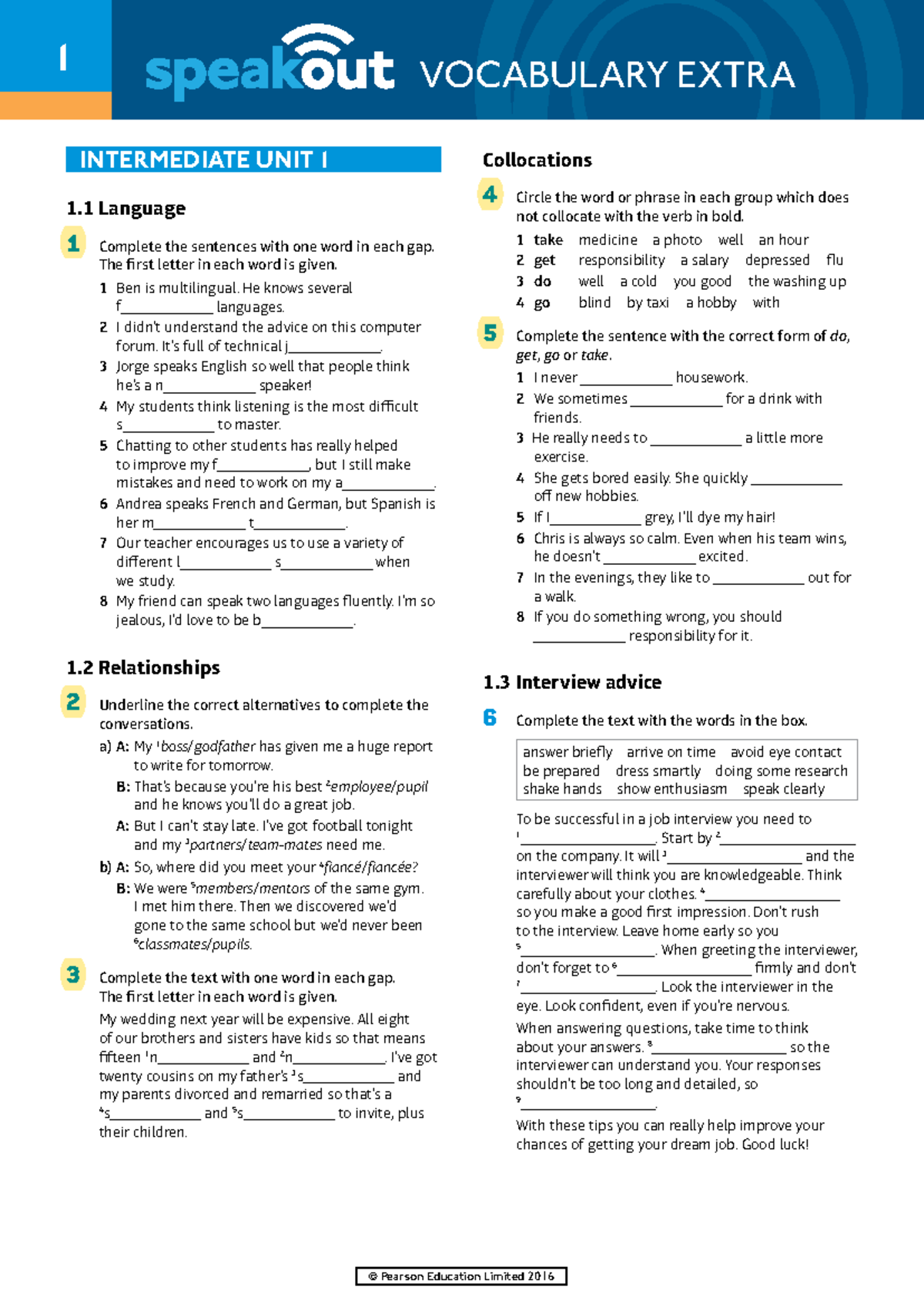 Speakout Vocabulary Extra Intermediate Unit 1 - 1 © Pearson Education ...