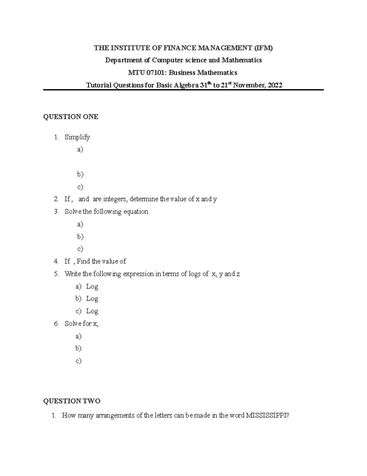 MTU 07101 Tutorial Questions: Basic Algebra (Nov 2022) - Studocu