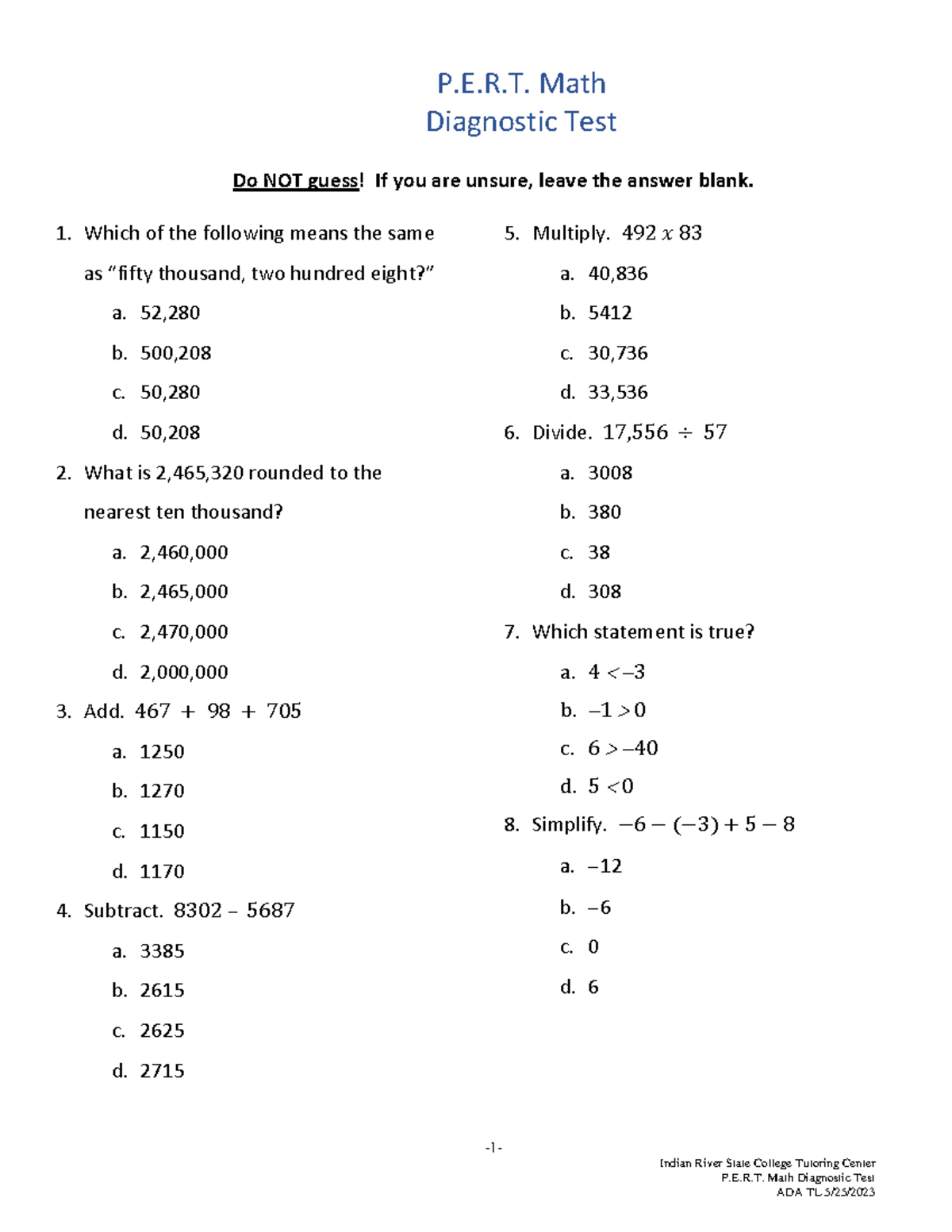 River State College P.E.R.T. Math Diagnostic Test - Virtual Edition ...