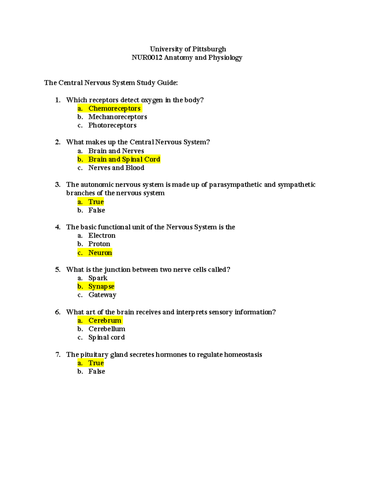 NUR0012 Final Exam Study Guide: Central Nervous System Overview - Studocu
