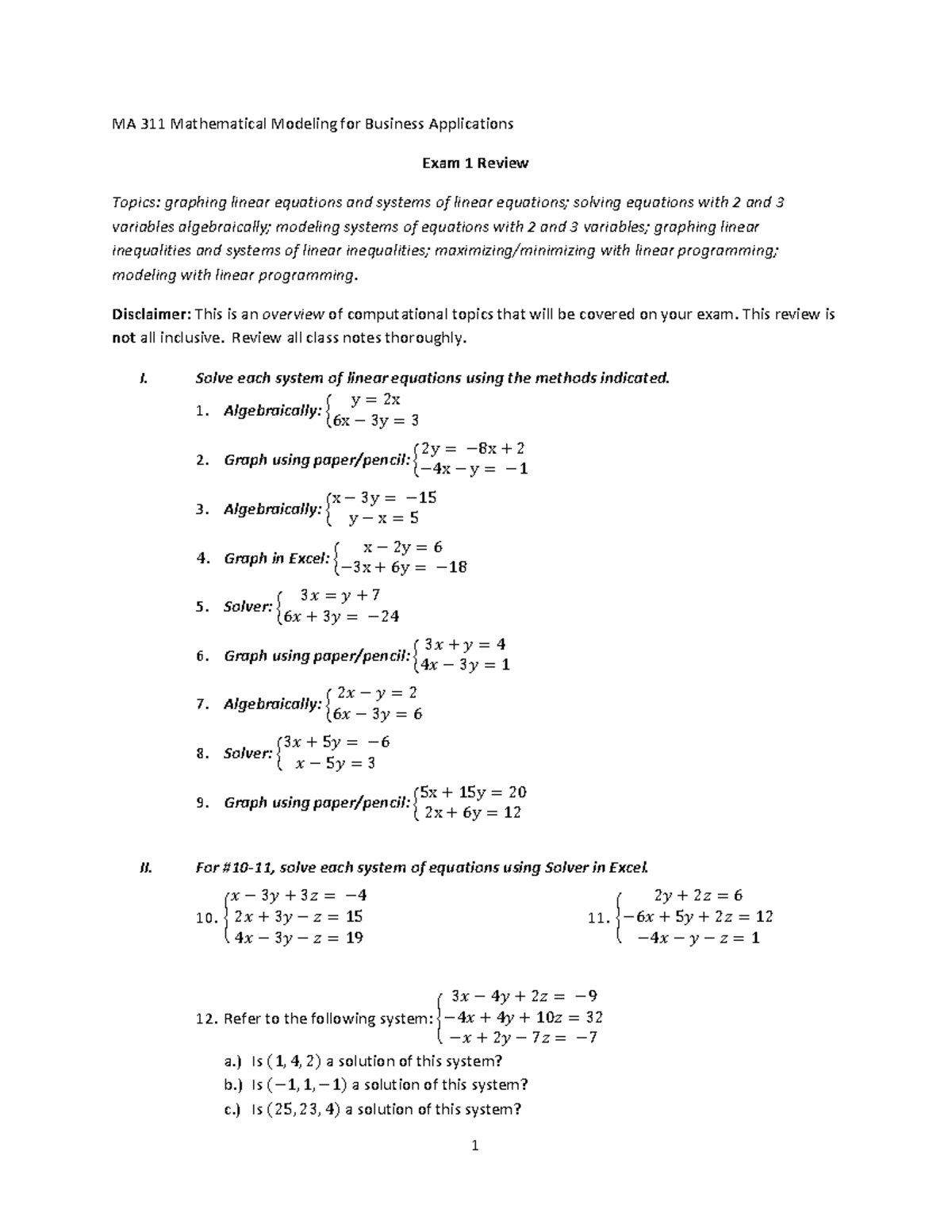 MA 311 Exam 1 Review: Linear Equations & Programming Solutions - Studocu