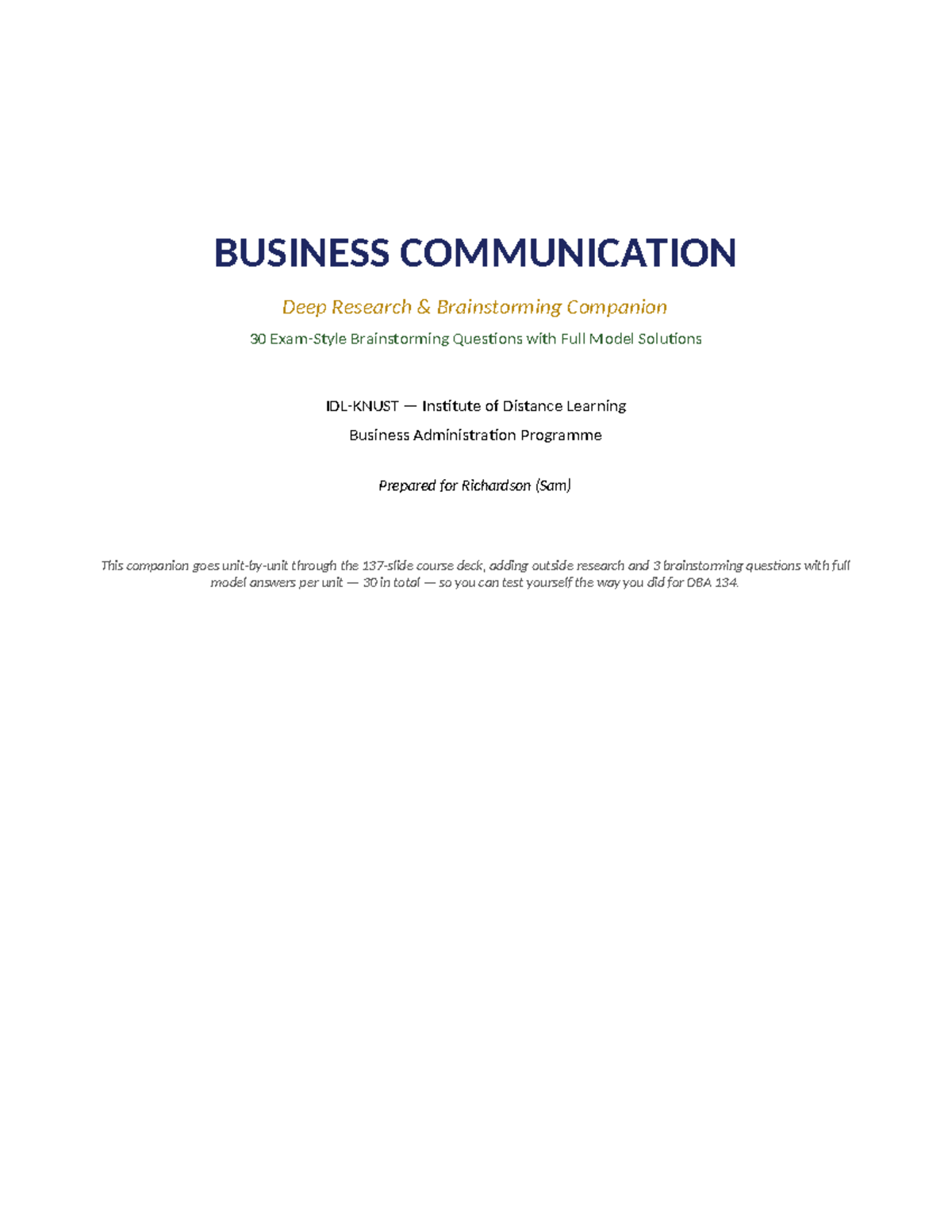 BUSINESS COMMUNICATION DBA 134 Brainstorming Companion: 30 Q&A ...