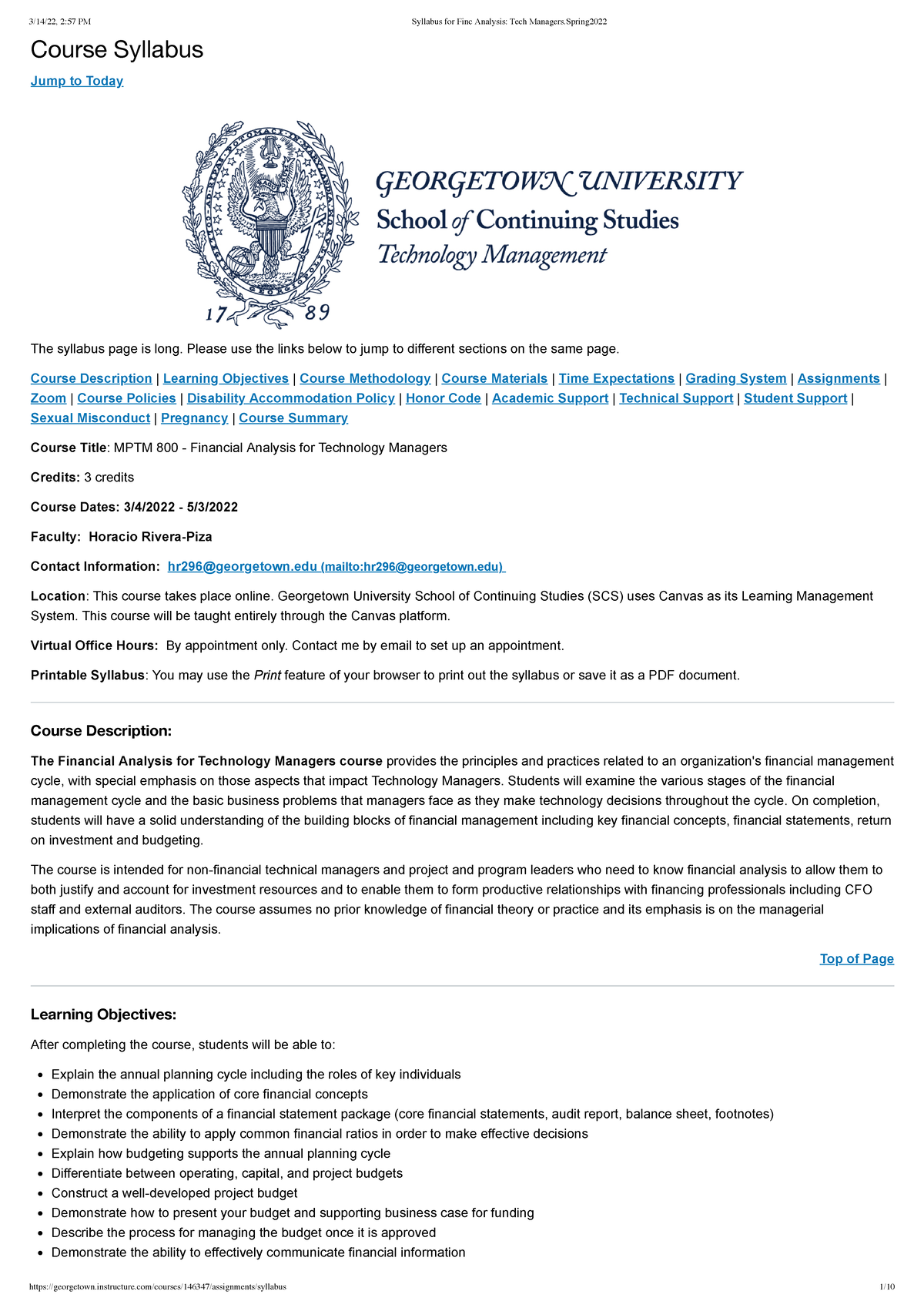 Syllabus for Finc Analysis Tech Managers - Please use the links below ...