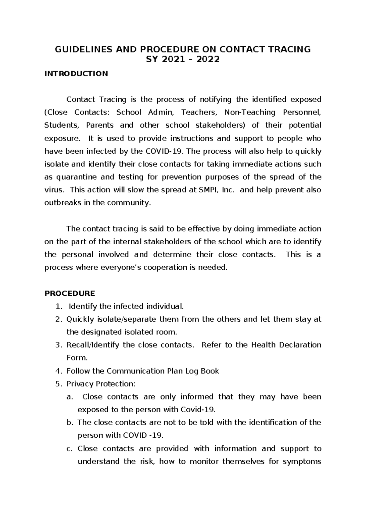 SMPI Contingency Plan and Guidelines AND Procedure ON Contact Tracing ...