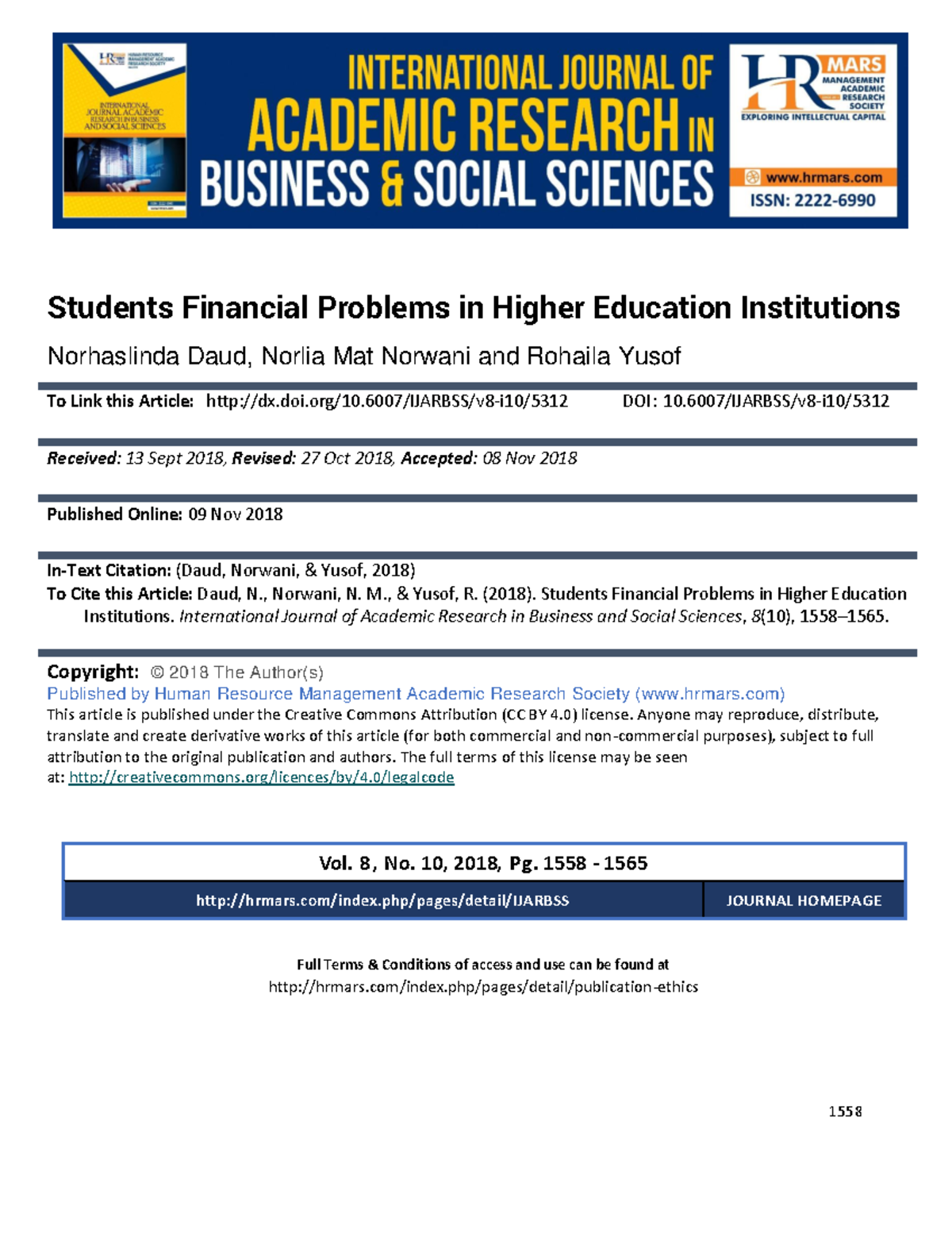Students Financial Problems in Higher Ed - Vol. 8 , No. 10, Oct. 2018 ...