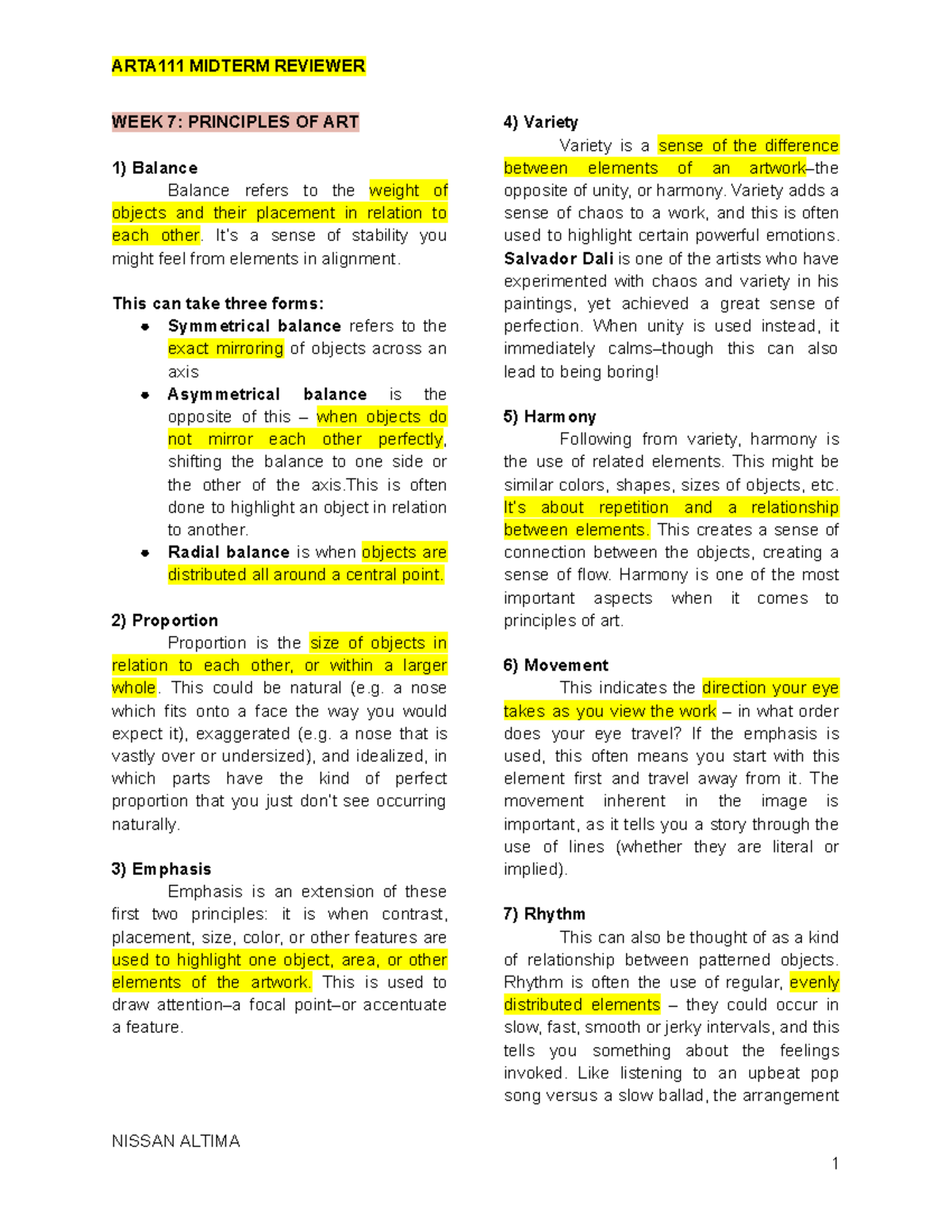 ARTA111 MIDTERM REVIEWER: PRINCIPLES OF ART & HISTORICAL STYLES - Studocu