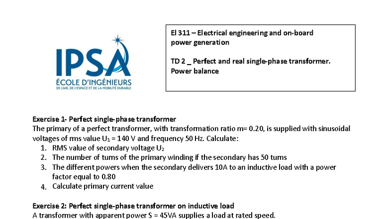 TD 2 - Exercises on Perfect and Real Transformers for EL 311 - Studocu