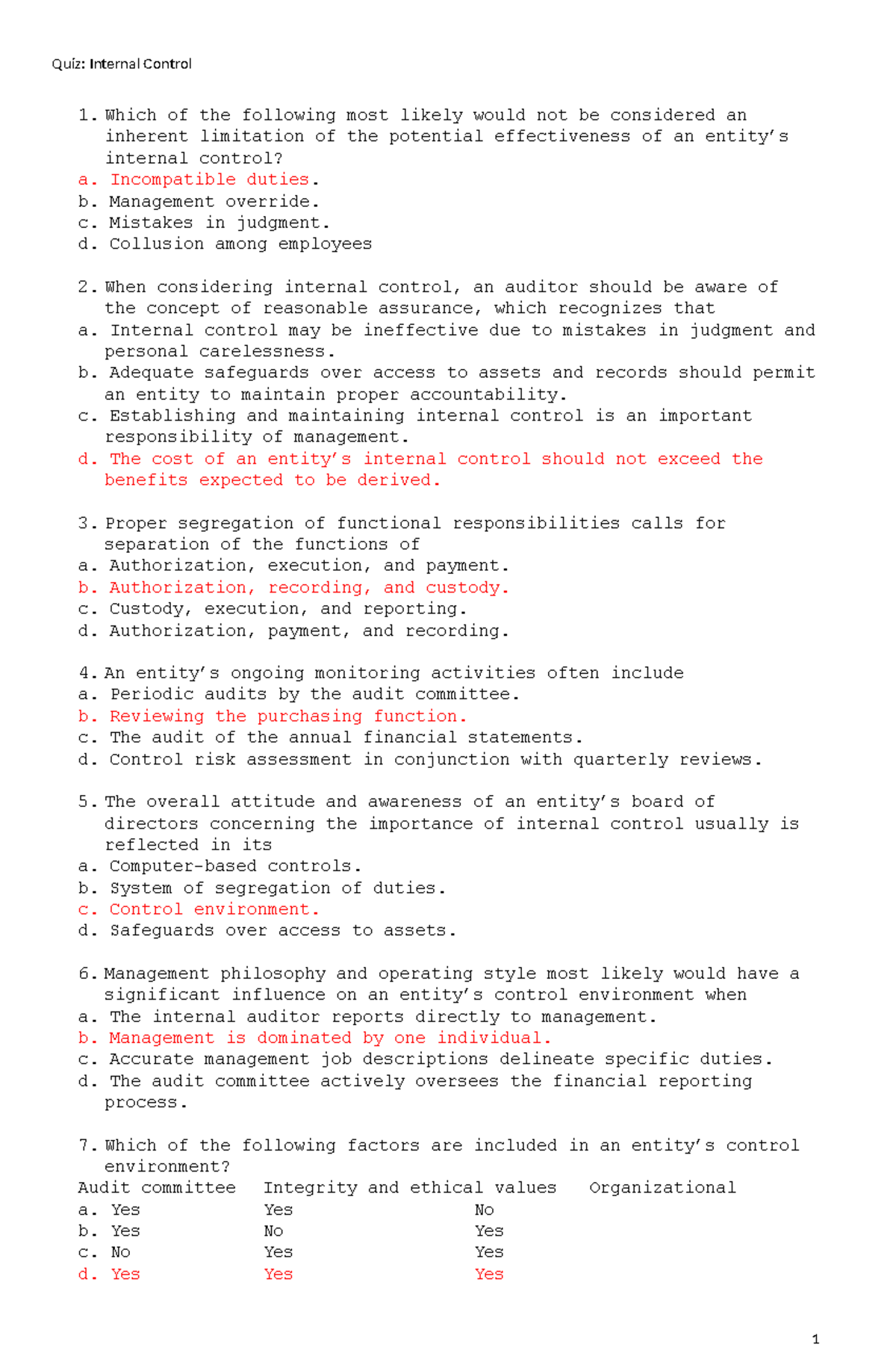 Quiz on Internal Control Concepts with Answers - Studocu