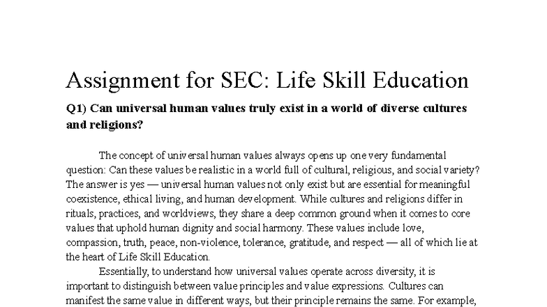 Assignment for SEC: Universal Human Values in Diverse Cultures - Studocu