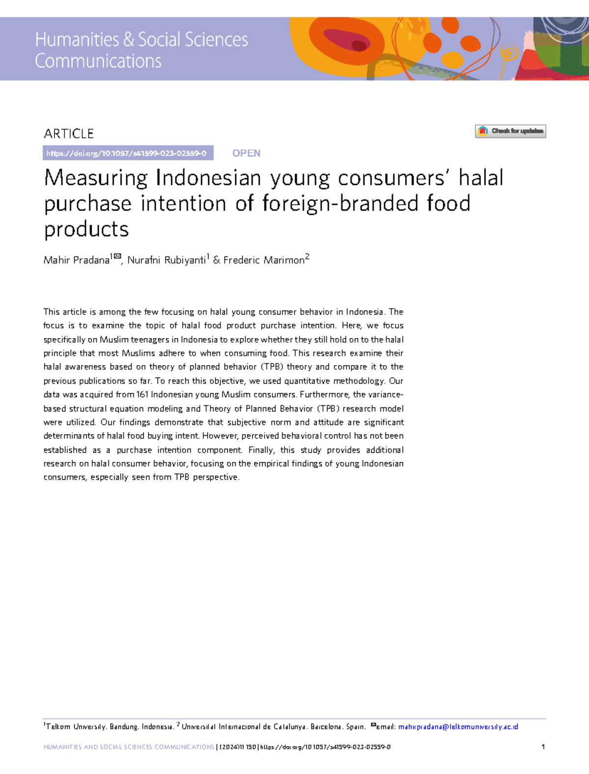 Halal Consumer Behavior: Young Indonesians' Intentions in F&B (TPB ...