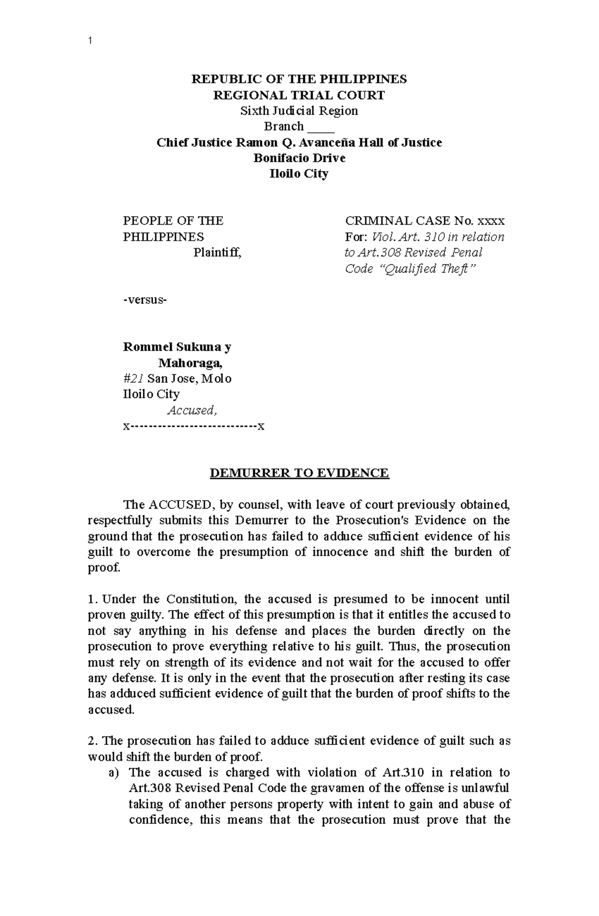 Demurrer to Evidence in Criminal Case: People vs. Rommel Sukuna - Studocu