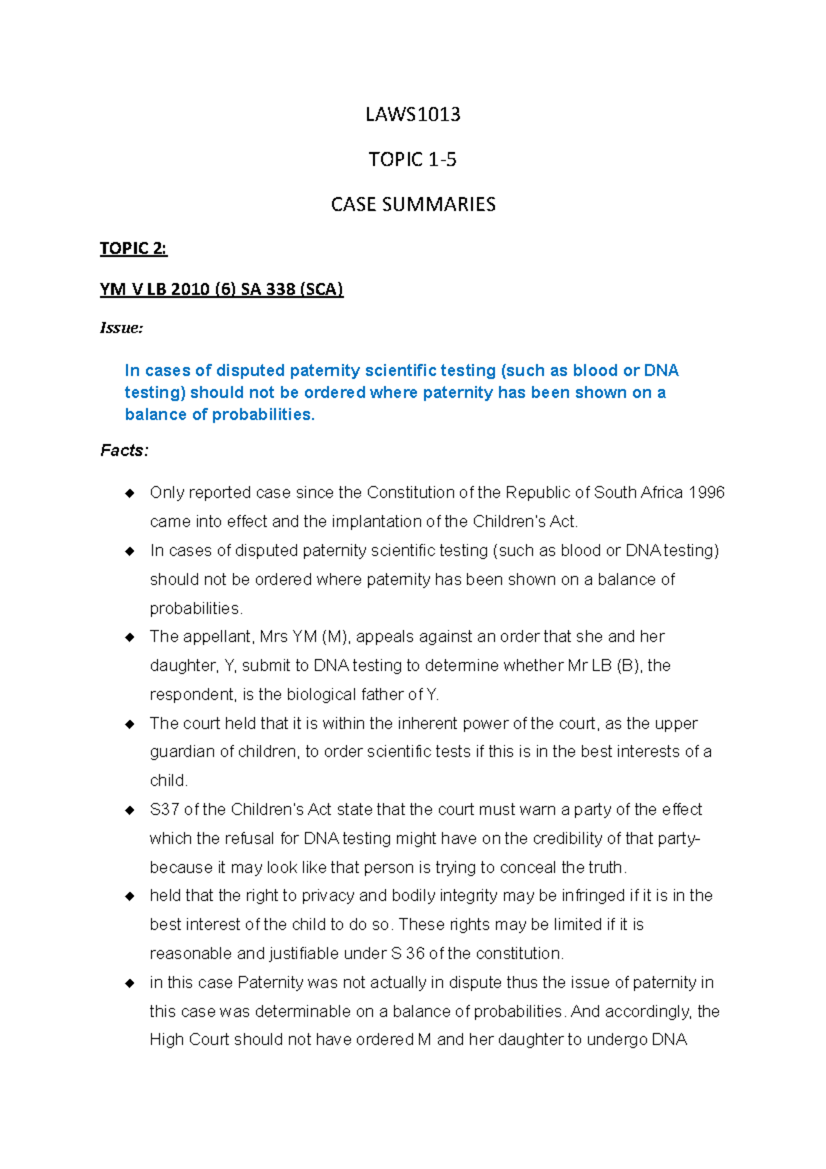 LAWS 101: Family Law Case Summaries for Semester 1 - Studocu
