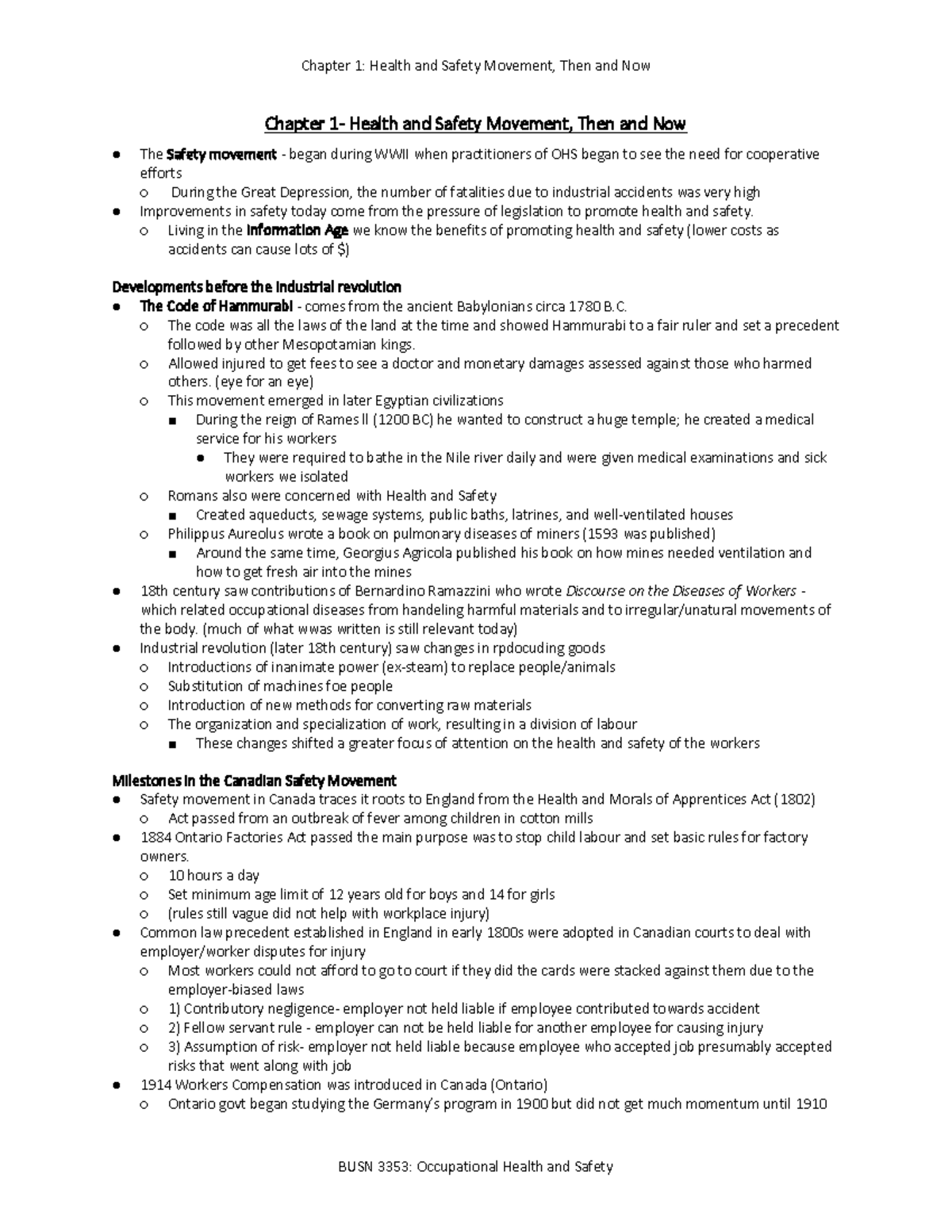 Chapter 1: Evolution of the Health and Safety Movement in Canada - Studocu