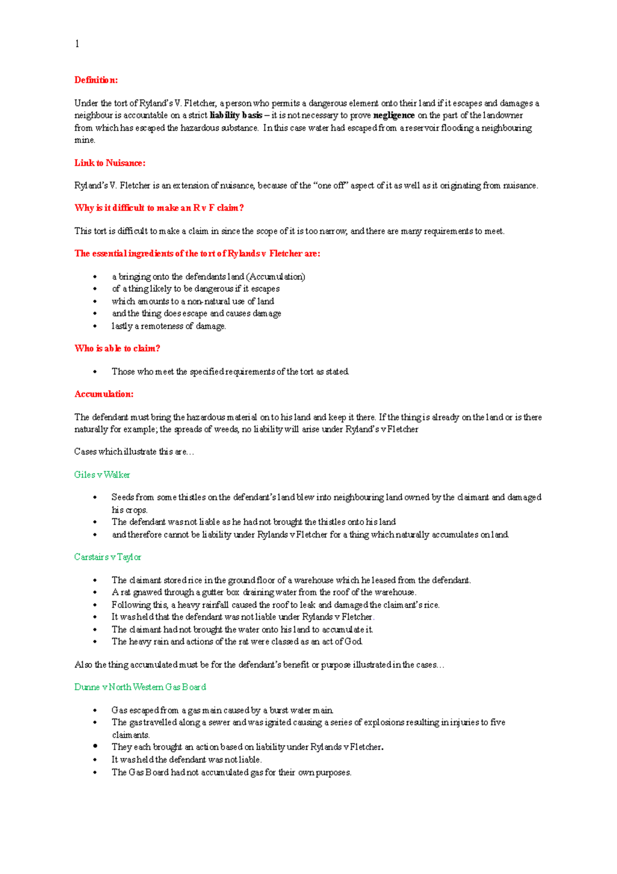Rylands v Fletcher - Comprehensive Tort Law Summary - Studocu