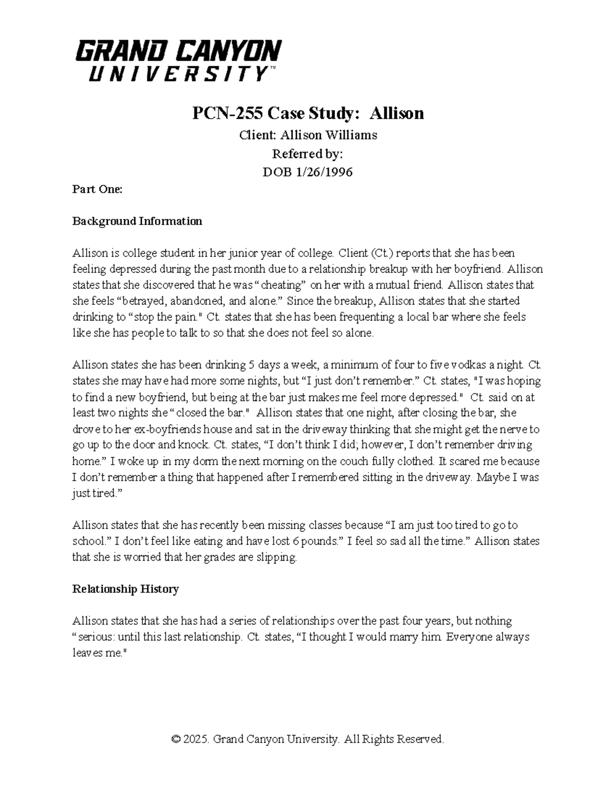 PCN 255 RS Case Study: Allison's Struggles with Depression and Alcohol ...