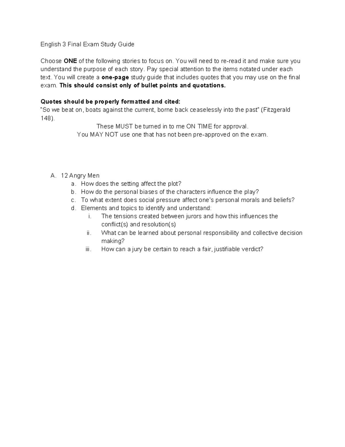 English 3 Final Exam Study Guide: Key Quotes & Themes Analysis - Studocu