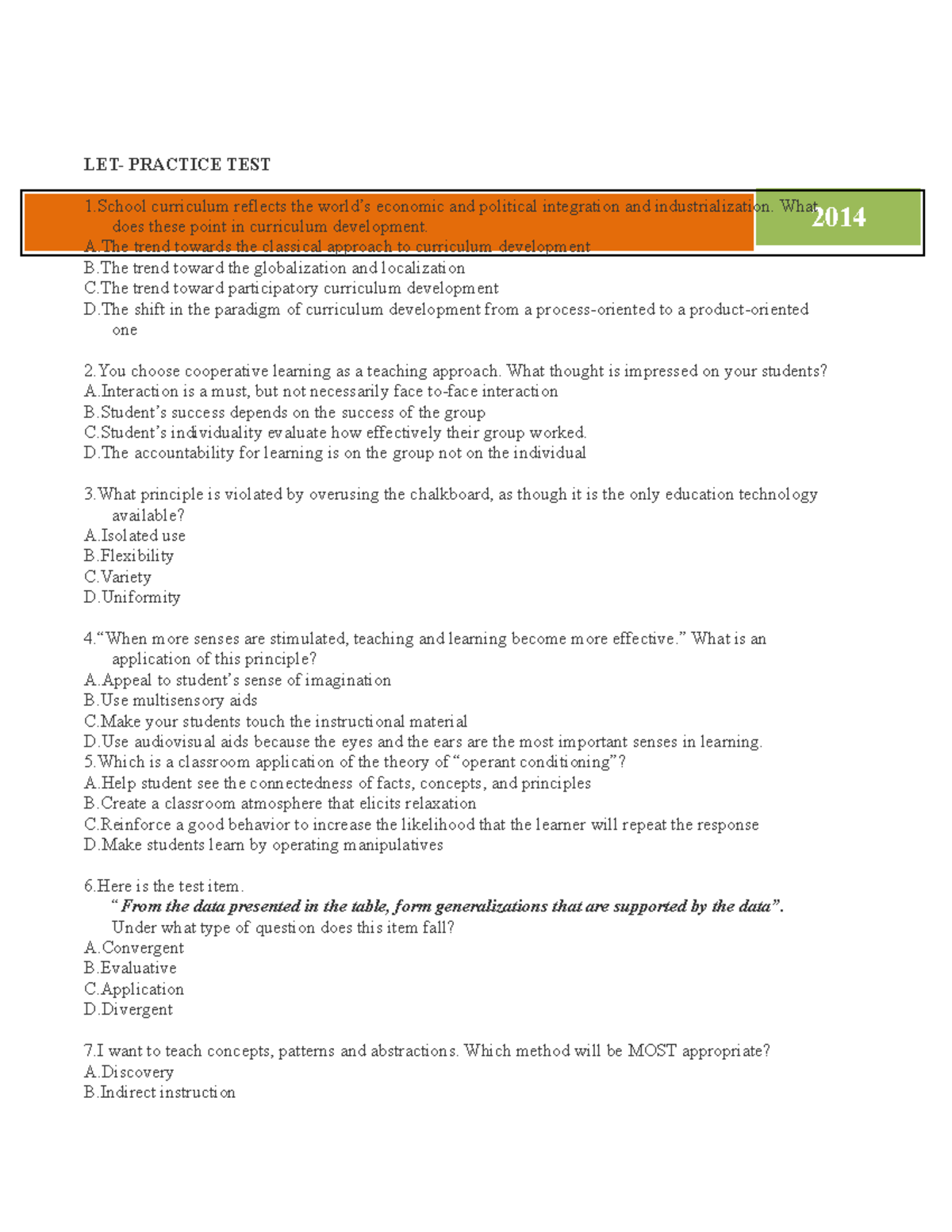 Professional- Education-3 - 2014 LET- PRACTICE TEST 1 curriculum ...