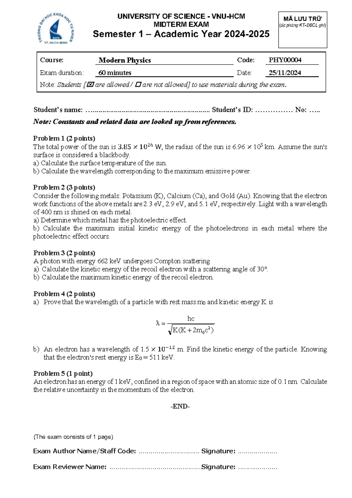 MODERN PHYSICS MIDTERM EXAM - SEMESTER 1 (2024-2025) - Studocu