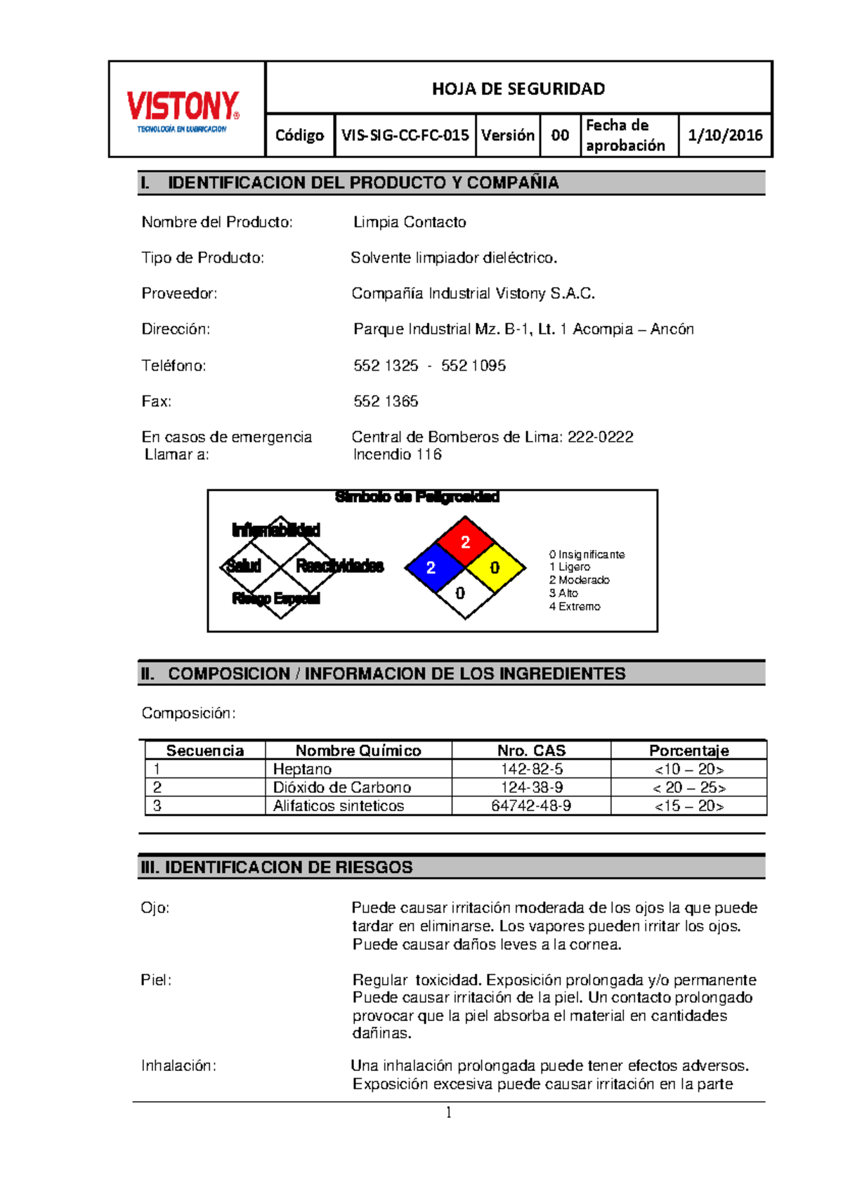 Hoja de Seguridad MSDS Limpia Contacto Vistony - Código I, Versión 00 - Document Preview