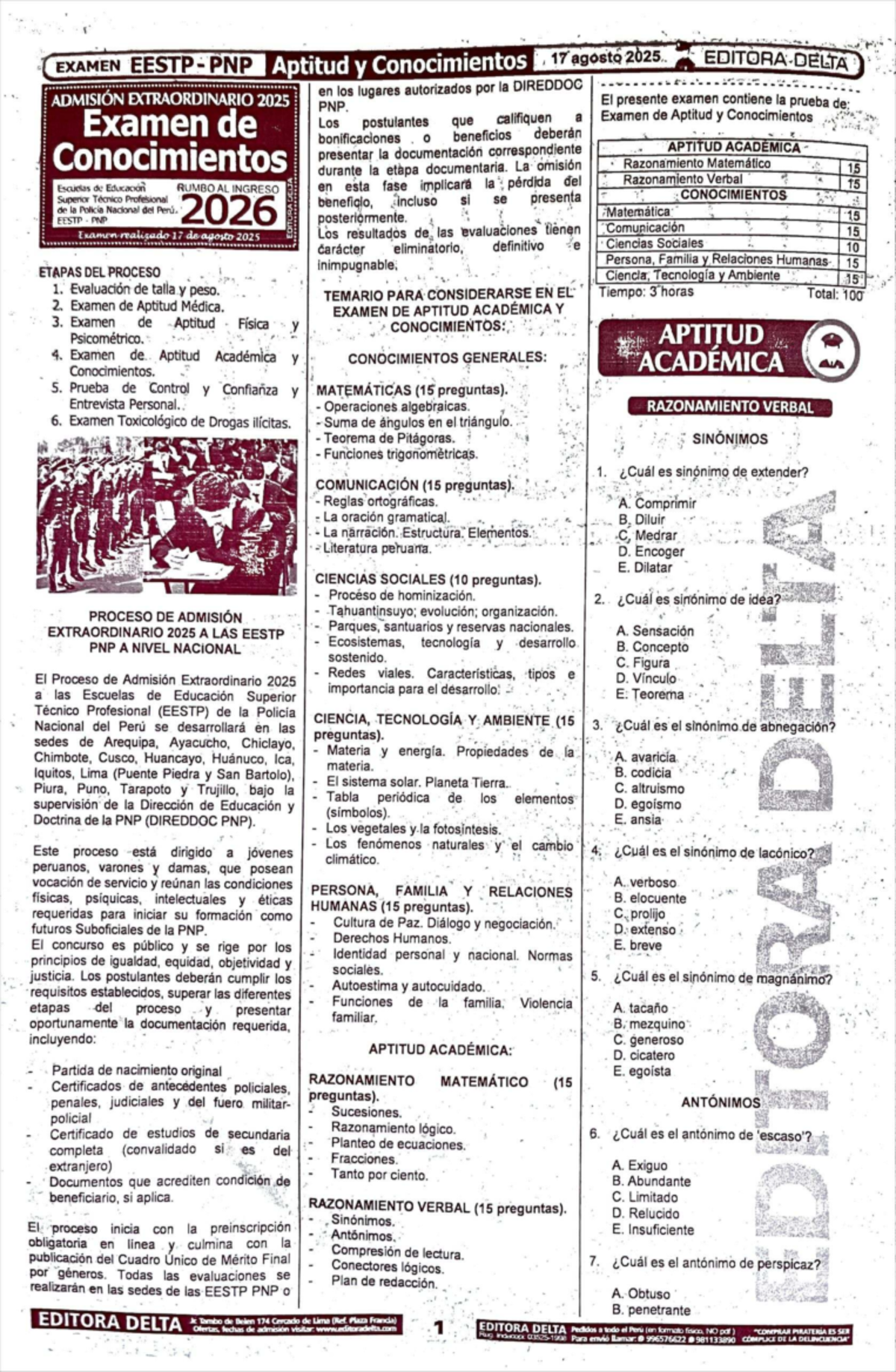 EXAMEN PNP 2025: Proceso de Admisión y Aptitud Académica - Document Preview
