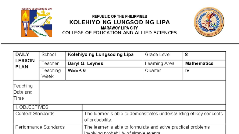DLP MATH 8 Q4: Probability Concepts & Lesson Plan by Leynes - Studocu