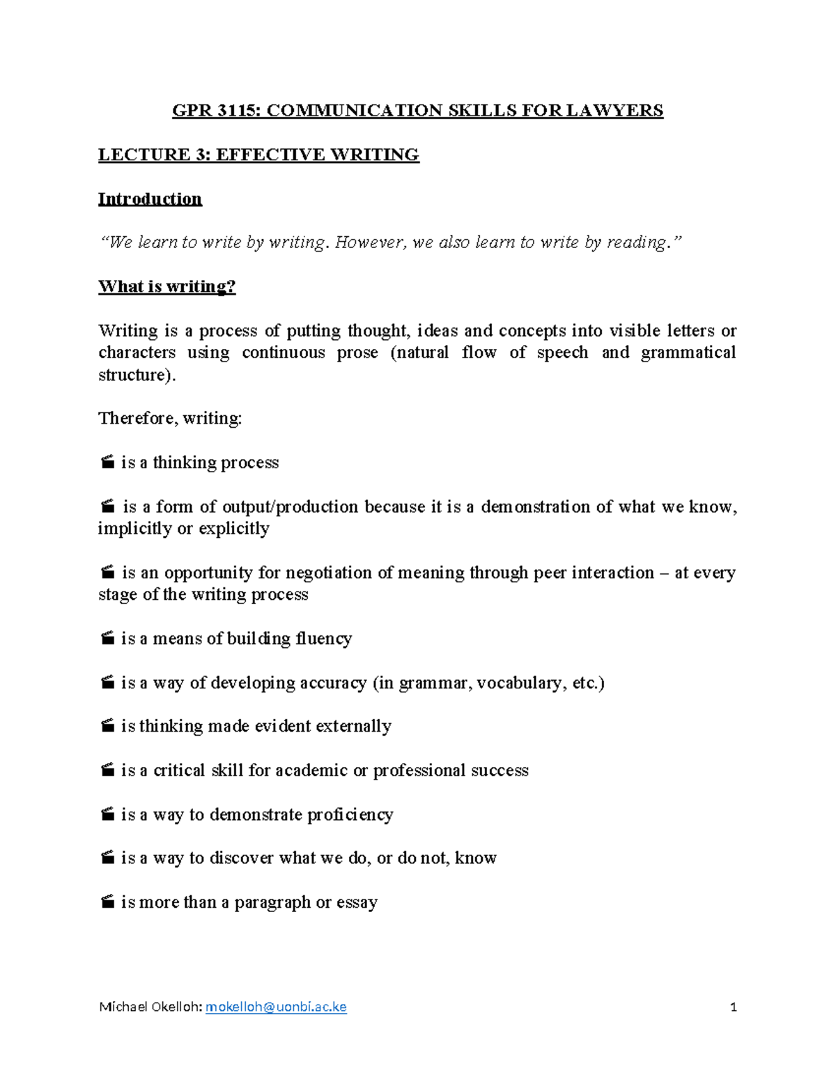 GPR 3115: COMMUNICATION SKILLS FOR LAWYERS LECTURE 3 - EFFECTIVE ...