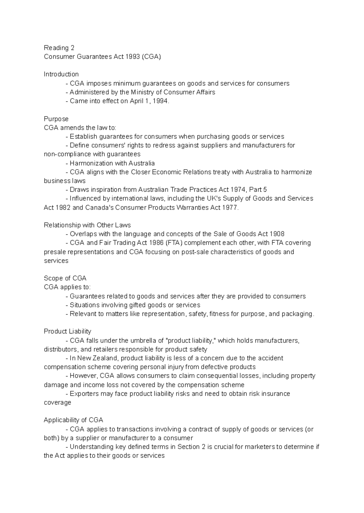 BUS112 Module 7 reading 2 - Reading 2 Consumer Guarantees Act 1993 (CGA ...